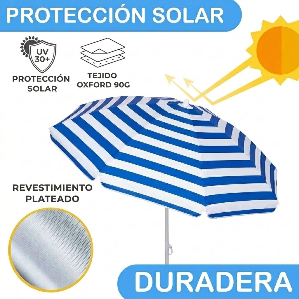 Sombrilla Playa Plegable 180cm Anti Viento con Soporte Arena Protección Solar de Raya Azul - 4