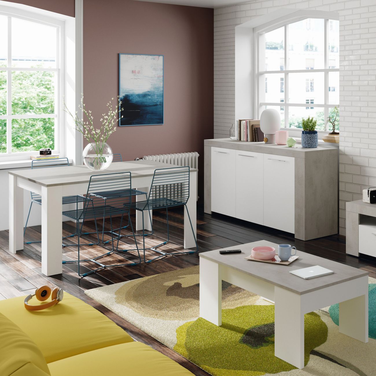 Table à manger THEA extensible L140/190cm - Blanc / Béton - 6
