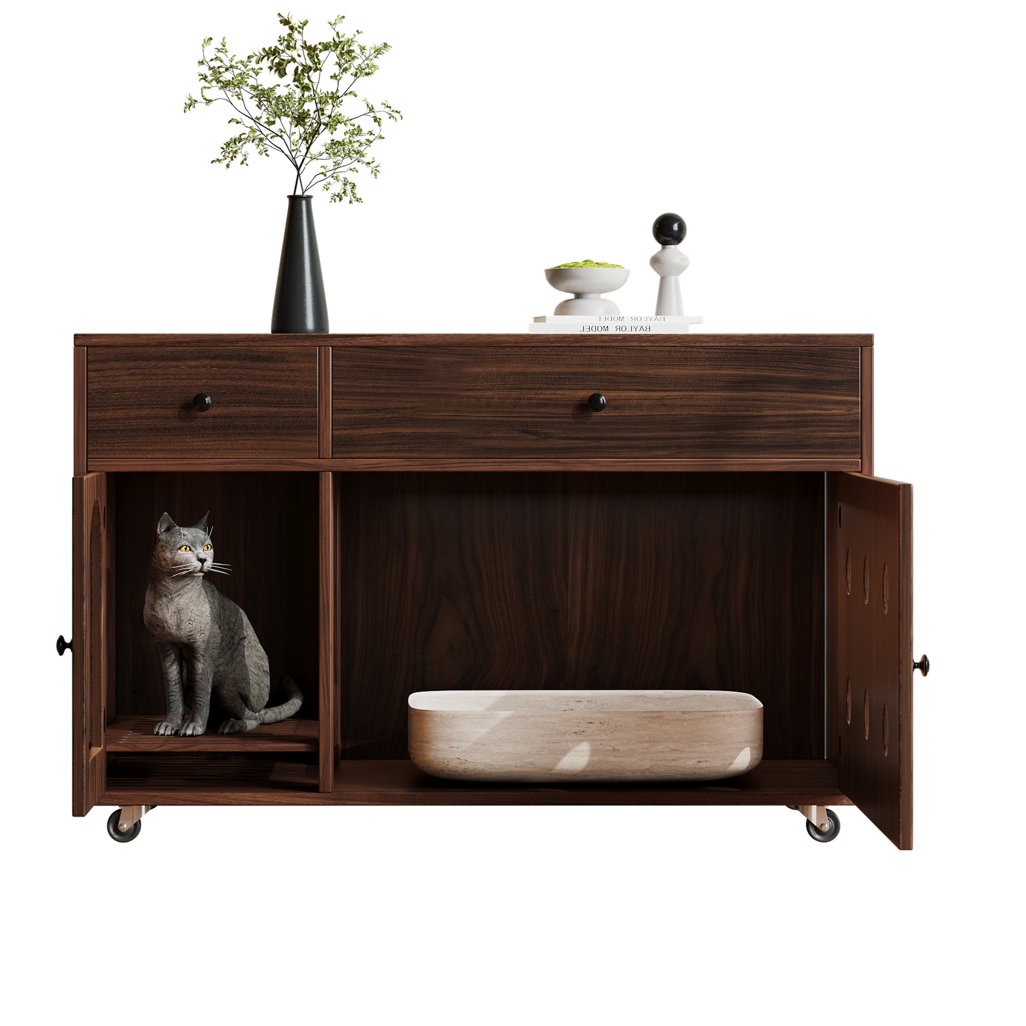 Caixa de areia móvel para gatos com 2 gavetas e 1 porta - 100 x 45 x 66 cm - MDF - Nogueira - 7