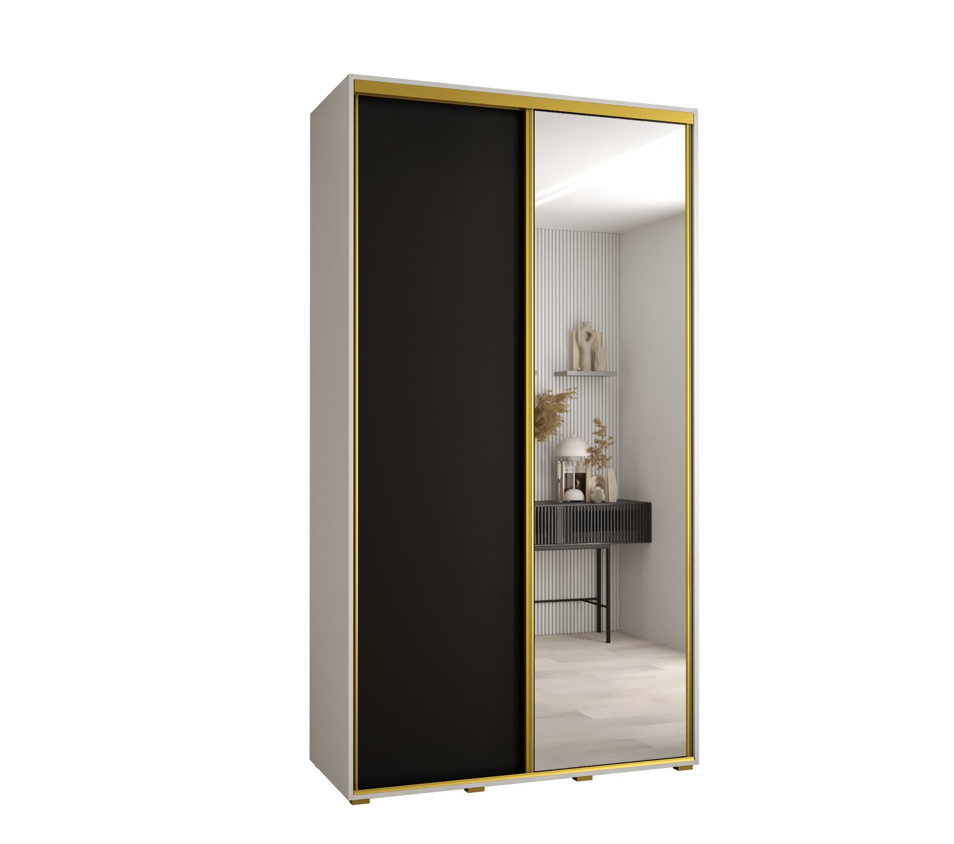 Szafa przesuwna z lustrem wysoka Davos 3 140 x 45 x 235,2 cm biały + czarny + u. złoty - Abiks Meble
