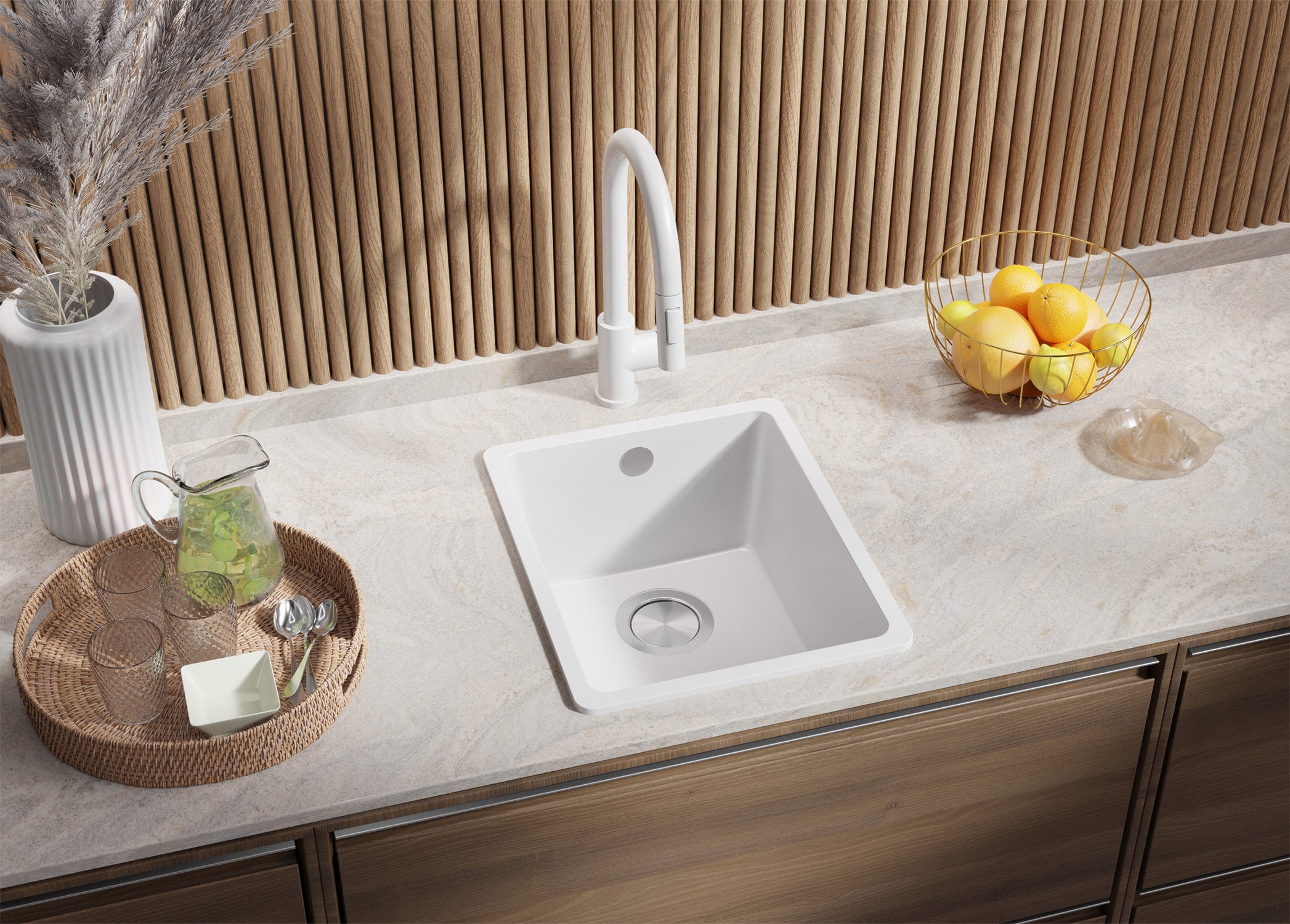 Lavello da Cucina Bianco 36x44cm, Lavandino in Granito a 1 vasca + Sifone Classico + Accessori, Lavabo da Cucina Incasso al mobile 40cm PRIMAGRAN - 2