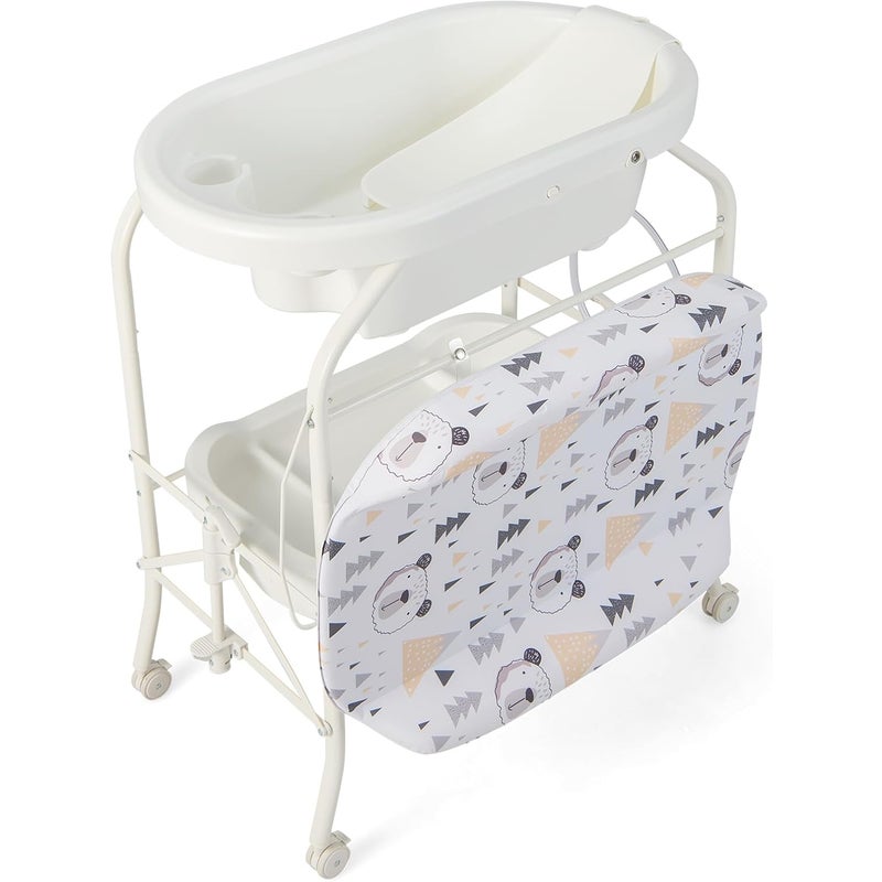Składana Wanienka dla Niemowląt 4 w 1, z Koszem do Odkładania Rzeczy i Blokowanymi Kółkami, Nośność 35 kg, dla Dzieci w Wieku 0–12 Miesięcy, Biała