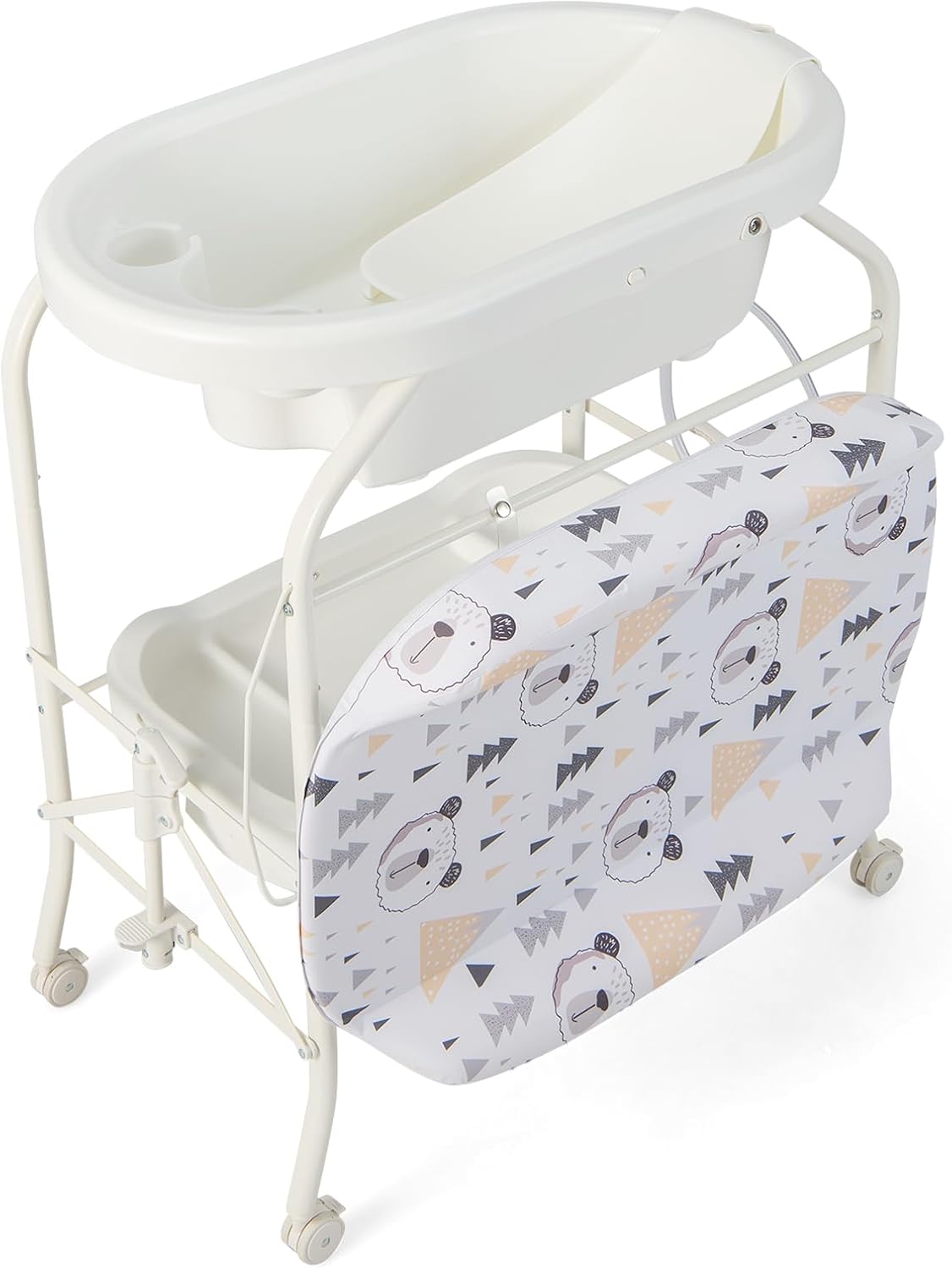 Składana Wanienka dla Niemowląt 4 w 1, z Koszem do Odkładania Rzeczy i Blokowanymi Kółkami, Nośność 35 kg, dla Dzieci w Wieku 0–12 Miesięcy, Biała