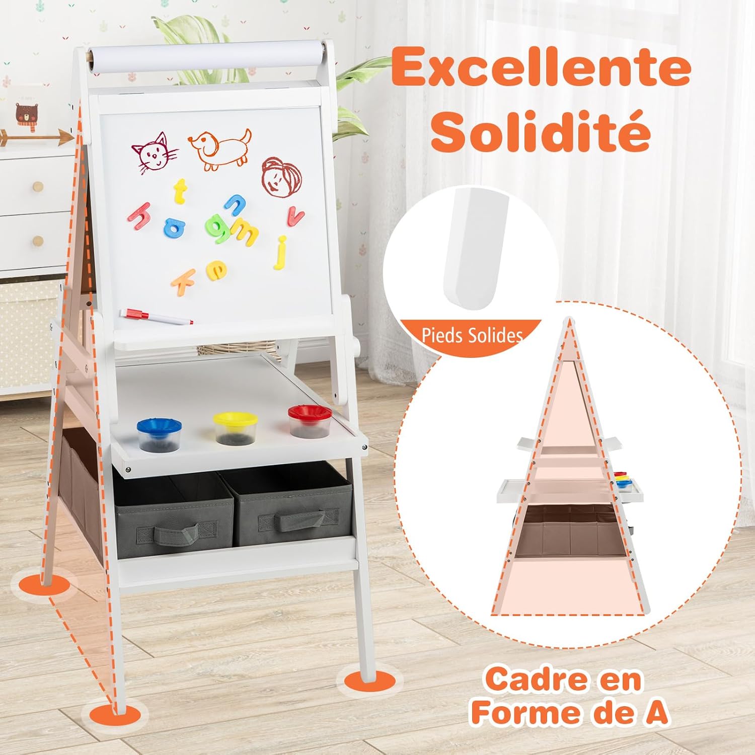 3 en 1 Chevalet d'Art Enfant avec Tableau Noir & Blanc Magnétique, Tableau Enfant Double Face avec Rouleau de Papier & 2 Bacs en Tissu (Blanc) - 6