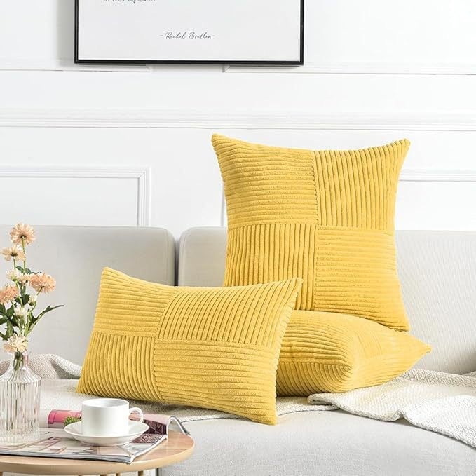 Housse de coussin en velours côtelé jaune 45x45 cm, rayée, moderne, décorative pour salon, chambre, canapé. - 2