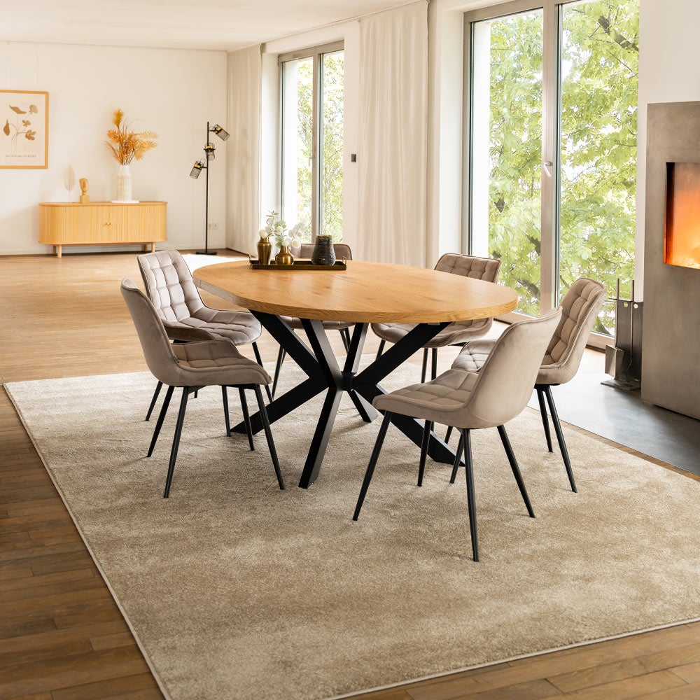 Ensemble Table à Manger Ovale Avec 6 Chaises - Blanc Et Doré, Velours Gris, Piètement Fer - Salon Moderne