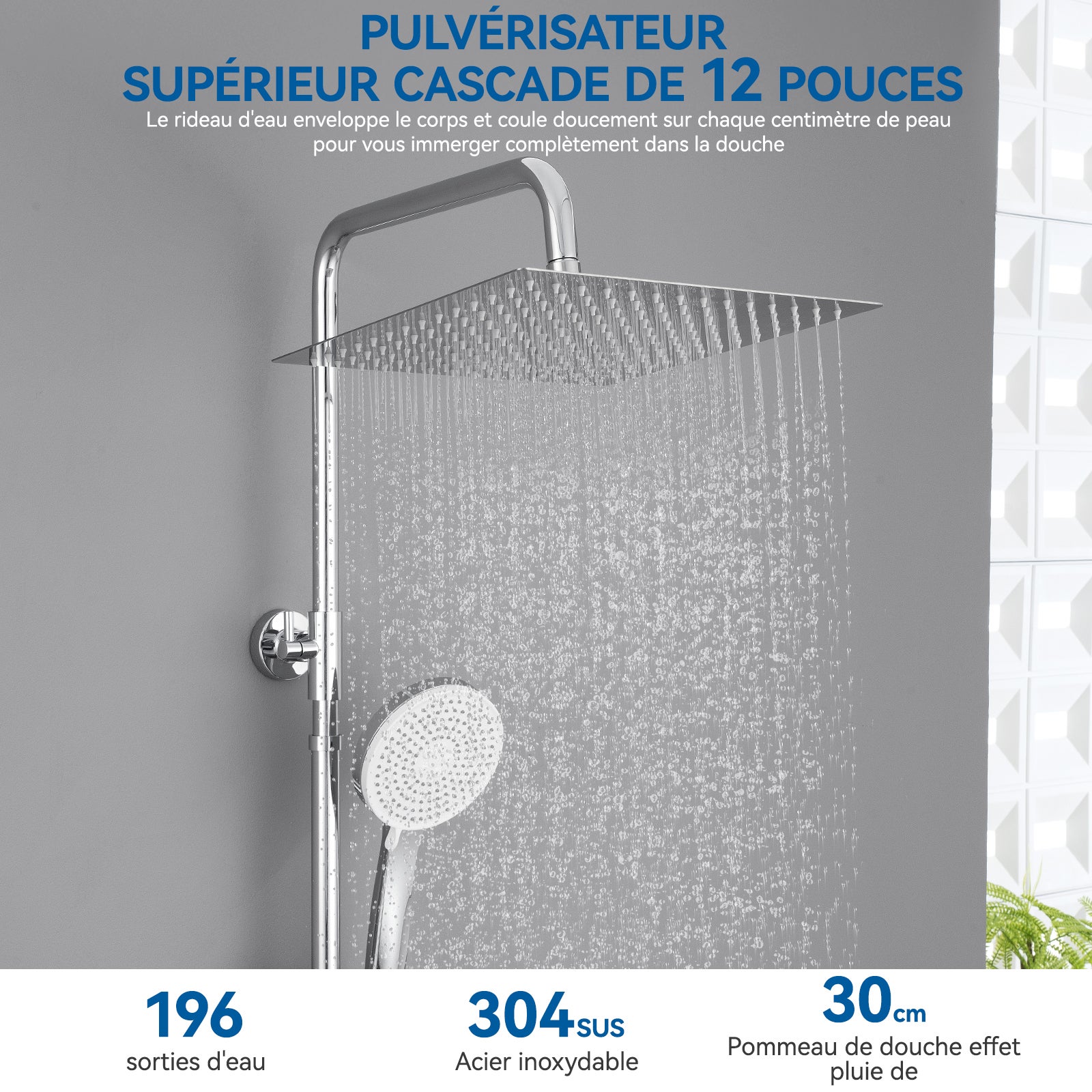 Columna de ducha termostática 38°, sistema de ducha con cabezal de ducha de 12