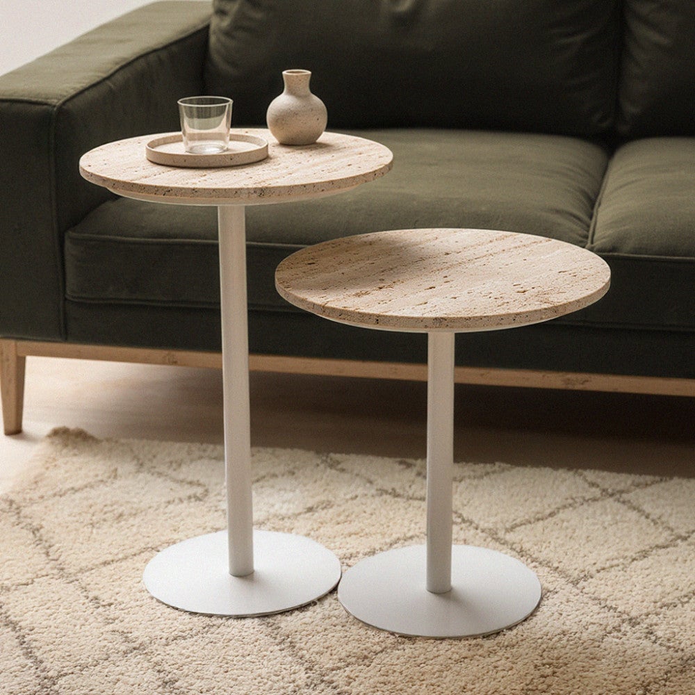 Rito - Table d'appoint en métal et travertin ø35cm - Beige - 2