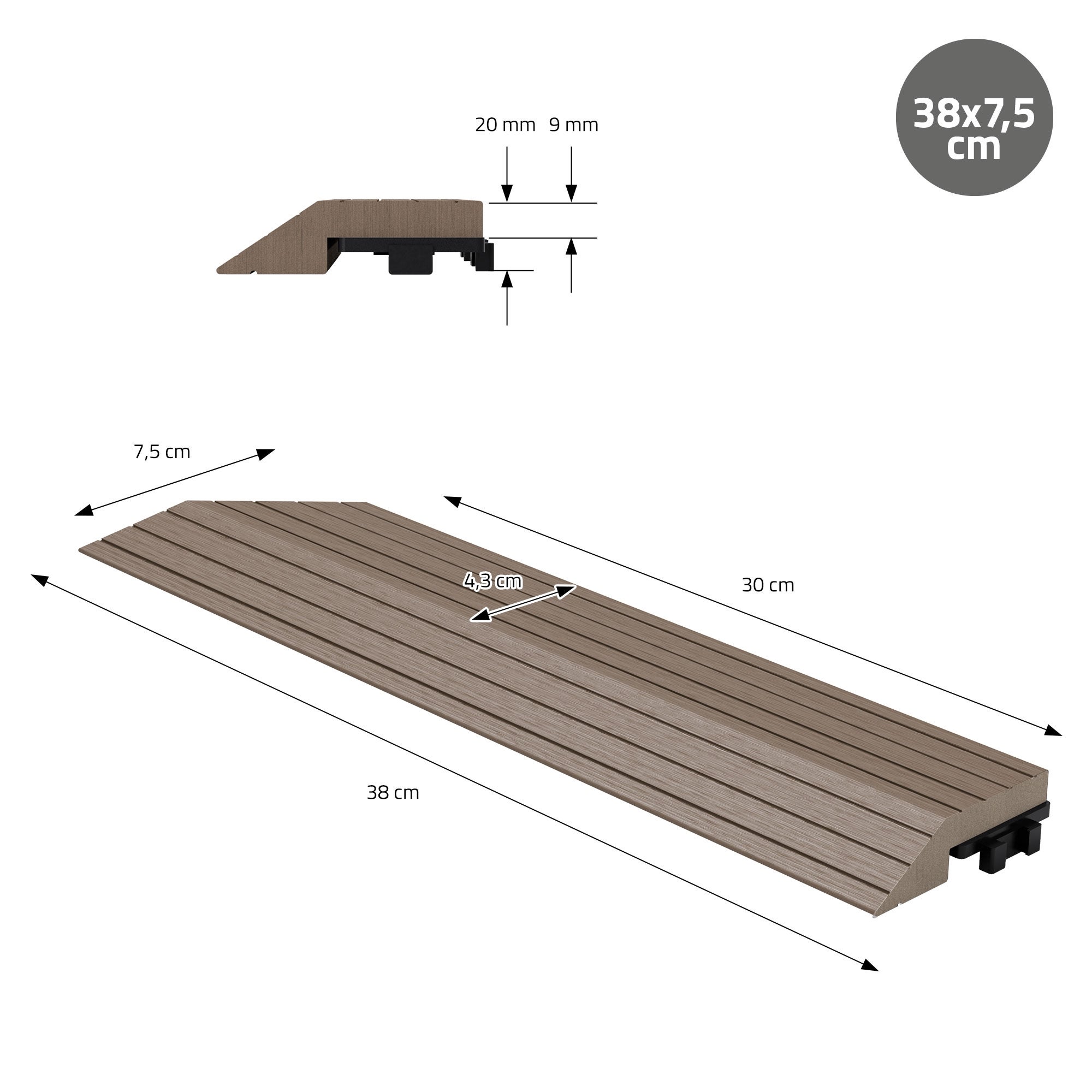 ML-Design listwa narożna lewa wpc ciemnobrązowa 38x2x7,5 cm profil drewnopodobny ryflowany z odpływem wzmocniona baza system klik obróbka krawędzi - 7