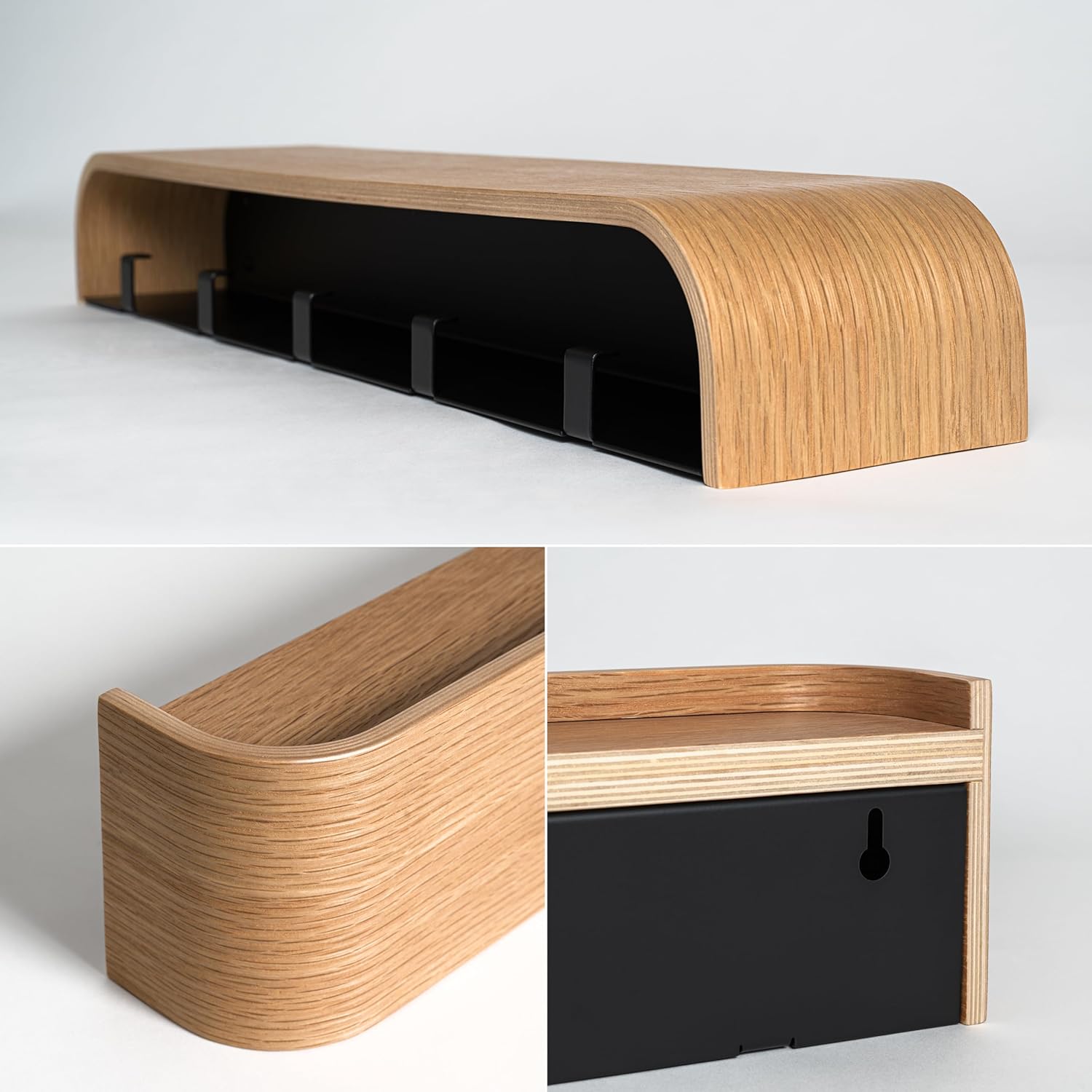 Porte-Manteau Mural Bois | Design Moderne avec Crochets Muraux Cachés | Panneau en Placage de Bois Massif | Chêne - 3