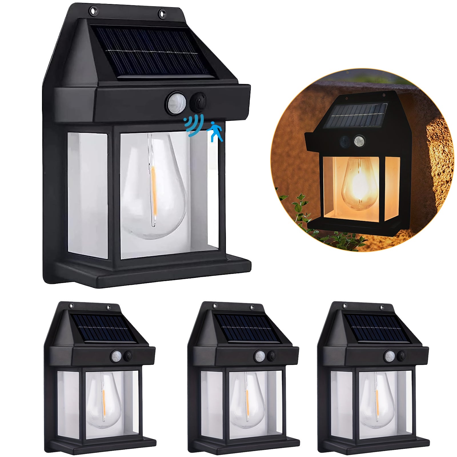 Zestaw 4 zewnętrznych solarnych lamp ściennych, bezprzewodowe oświetlenie od zmierzchu do świtu na ganek z 3 trybami i czujnikiem ruchu