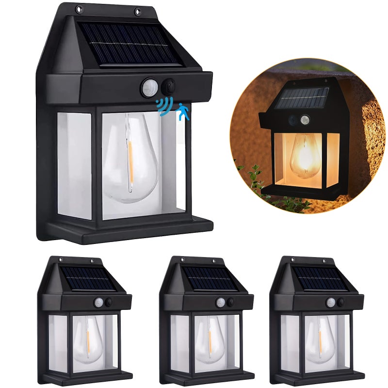 Zestaw 4 zewnętrznych solarnych lamp ściennych, bezprzewodowe oświetlenie od zmierzchu do świtu na ganek z 3 trybami i czujnikiem ruchu