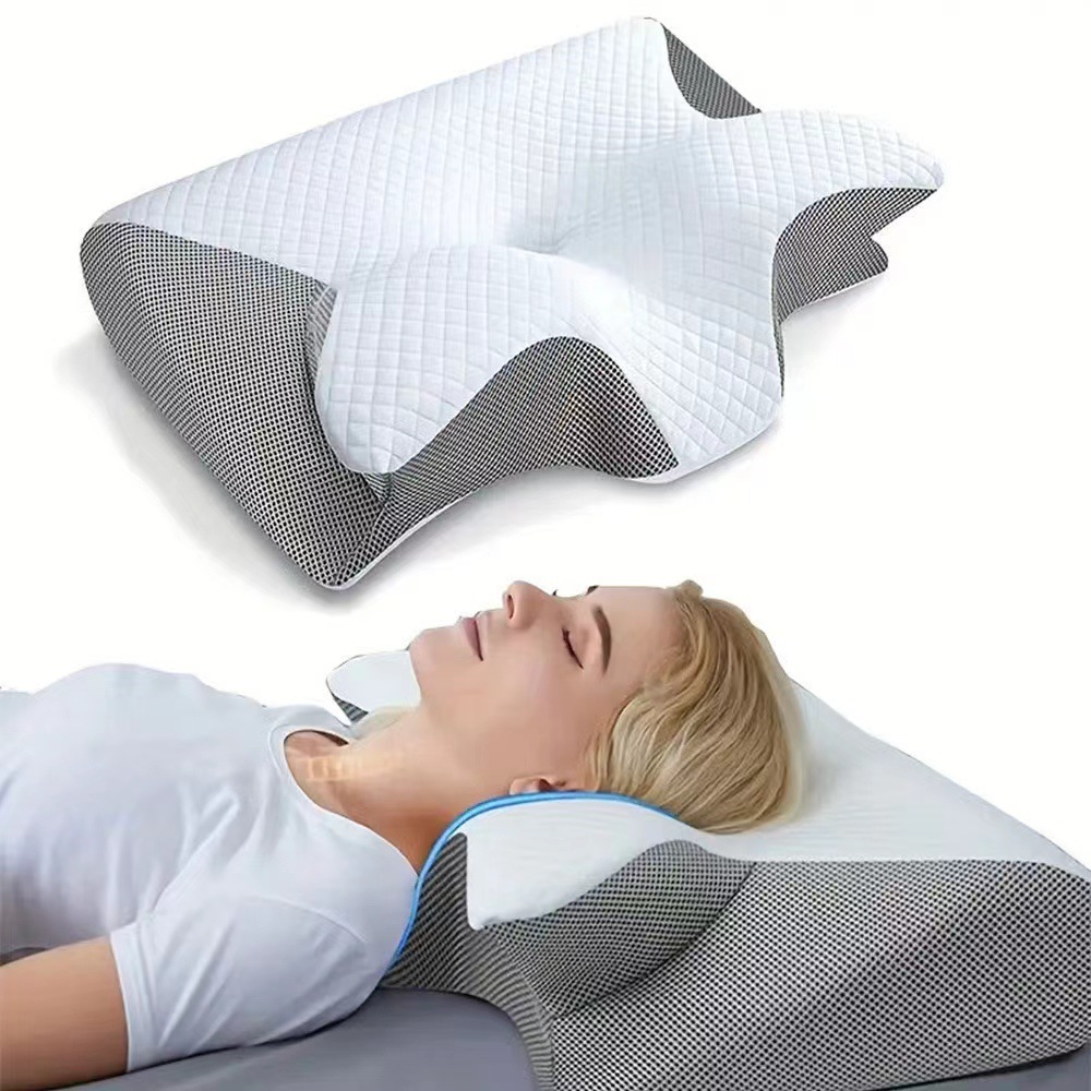 Almohada de cuerno de mariposa, almohada de soporte cervical, almohada de espuma viscoelástica de rebote lento, núcleo y funda, gris