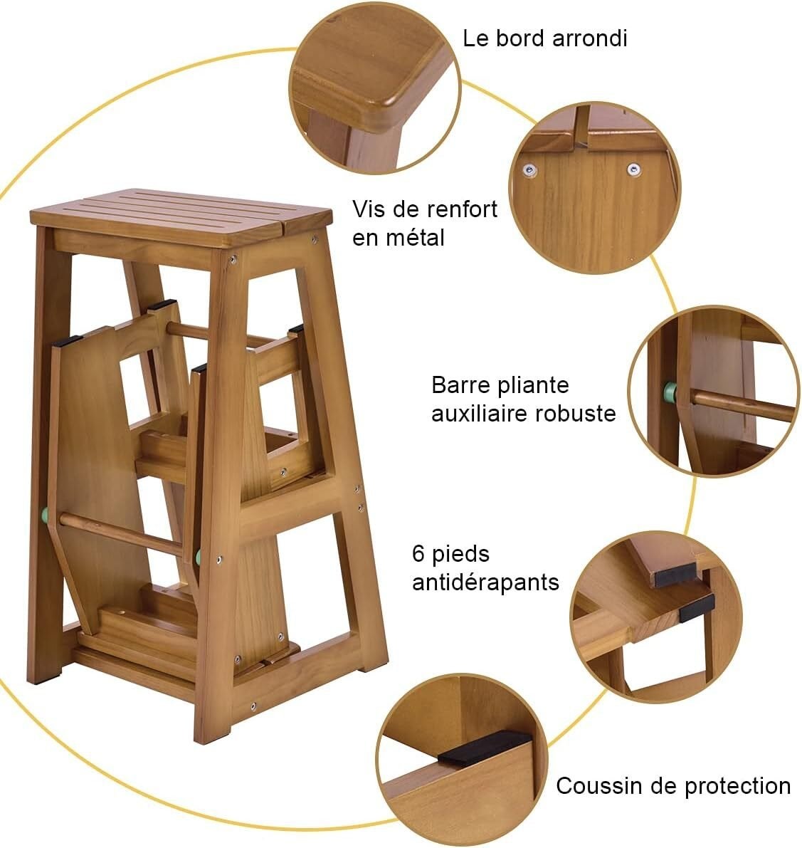 Escabeau Tabouret en bois de Pin, 57 x 39 x 65 CM, Escabeau Pliable 3 Marches, Marchepied Échelle Pliant, Noyer - 3