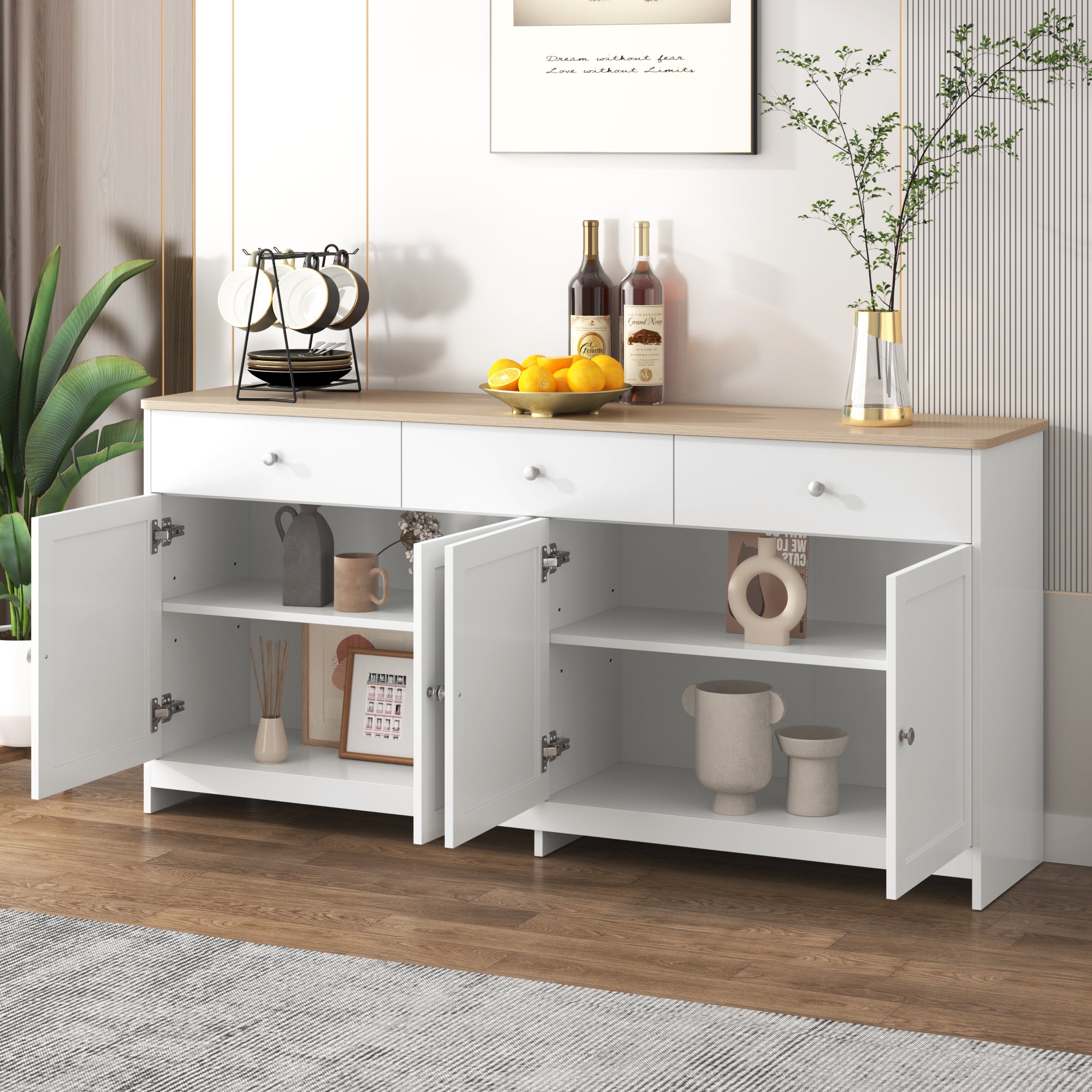 Buffet bas avec 4 portes et 3 tiroirs - bois MDF - décor chêne et blanc - pour salon ou cuisine - 160 x 37 x 75 cm - 2