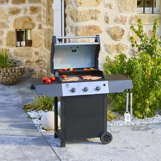 Barbecue Gaz ROSTER 3 Brûleurs Avec Plancha et Grille de Cuisson Combinées
