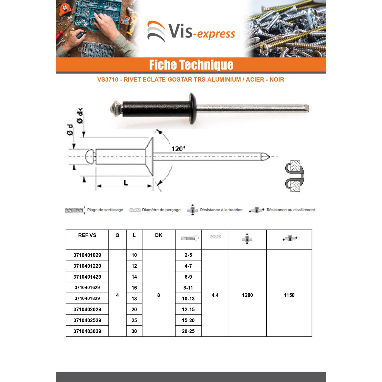 Rivet aveugle éclate GOSTAR Aluminium Tige acier Tête Ronde Standard 4X12 Noir-100 pièces - 5