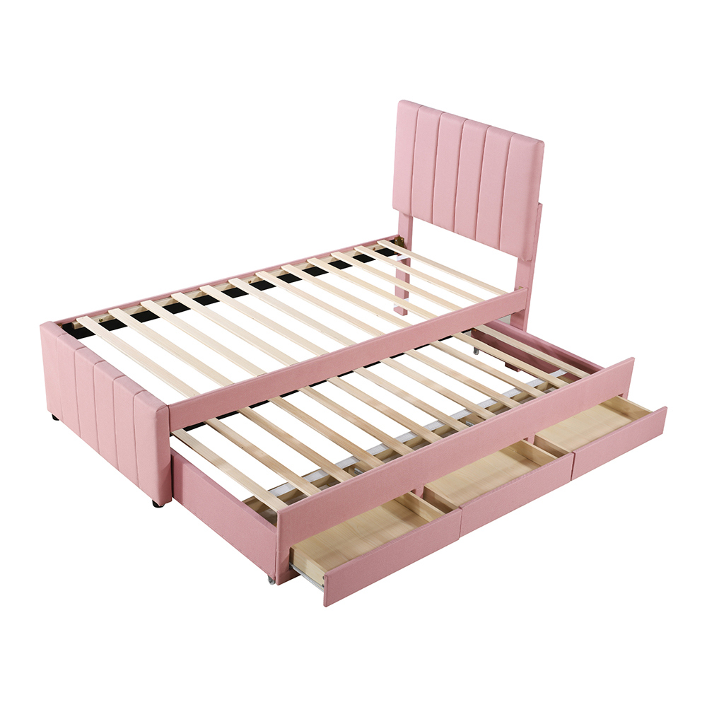 Lit simple 90 x 200 cm avec Lit gigogne 90 x 190 cm - 3 tiroirs - Tête de lit réglable - Tissu en lin - Rose - 6