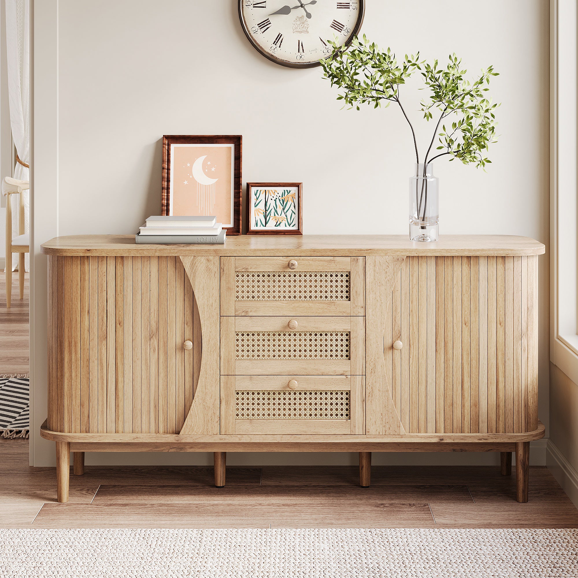 Komoda niska z 3 szufladami i 2 drzwiami przesuwnymi z rattanu - 140,5 x 40 x 76 cm - Płyta wiórowa - Naturalna - 2