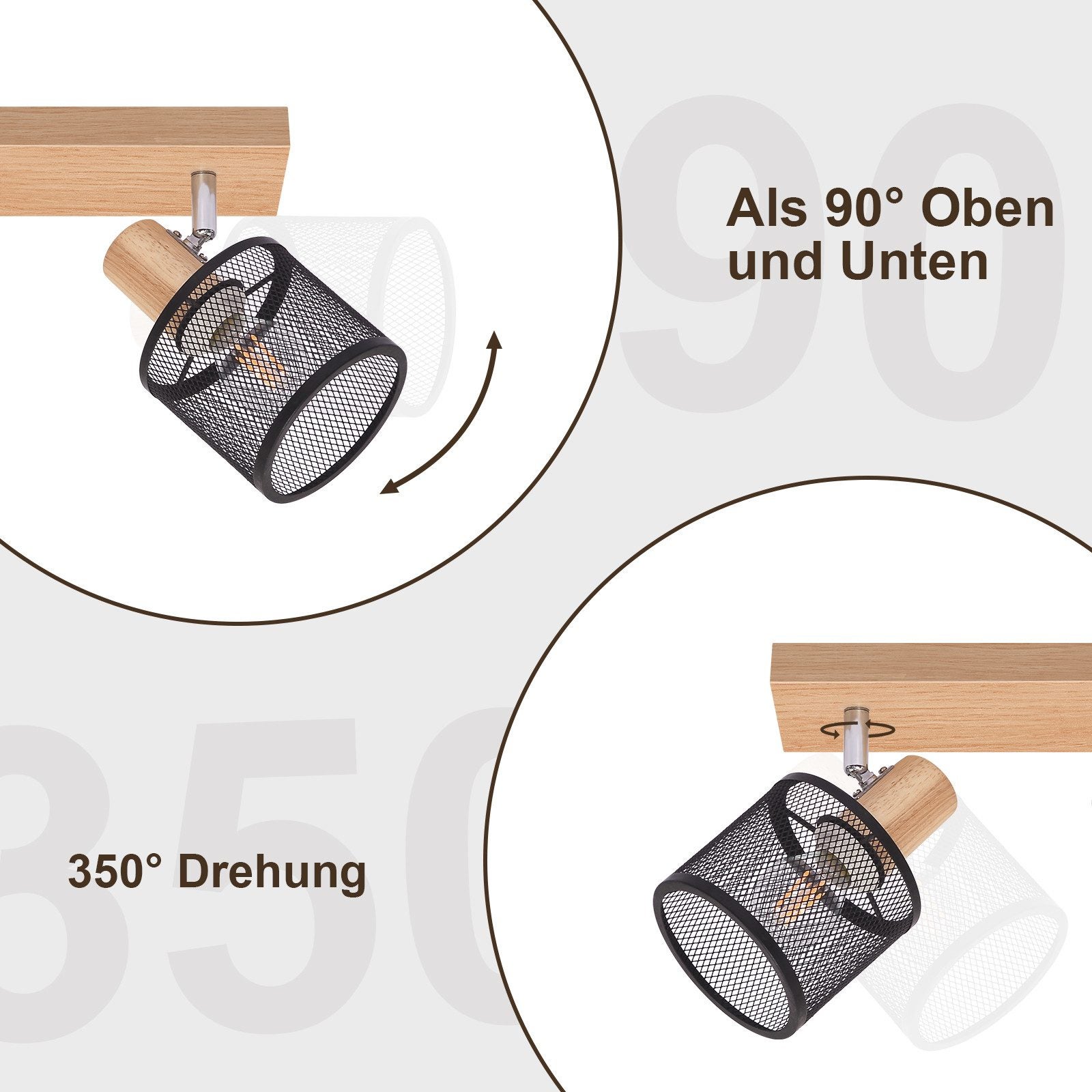 NETTLIFE Plafoniera 3 faretti effetto legno nero - E14 plafoniera orientabile 350° 4 lampadine max 25w moderna per soggiorno camera da letto cucina. - 3