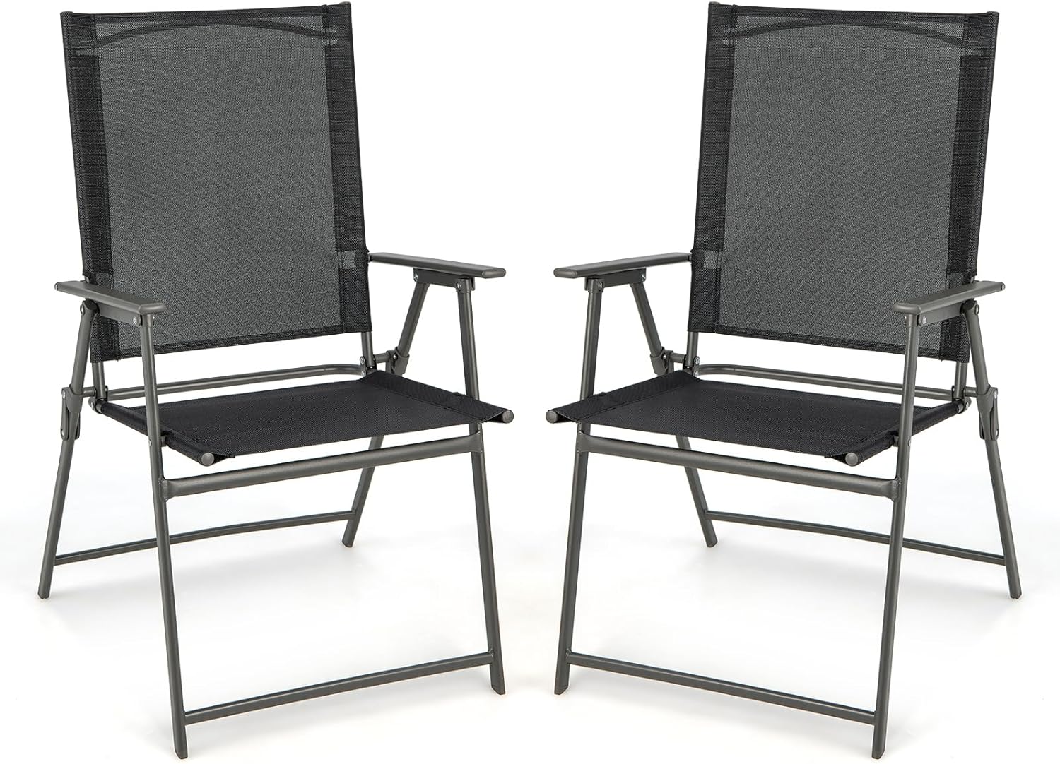 Zestaw 2 Krzeseł Ogrodowych z Tekstylenu, Metalowa Rama, Składane Krzesła z Wysokim Oparciem i Podłokietnikami, Krzesła Kempingowe do Ogrodu, Czarne