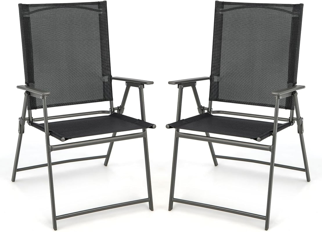 Zestaw 2 Krzeseł Ogrodowych z Tekstylenu, Metalowa Rama, Składane Krzesła z Wysokim Oparciem i Podłokietnikami, Krzesła Kempingowe do Ogrodu, Czarne