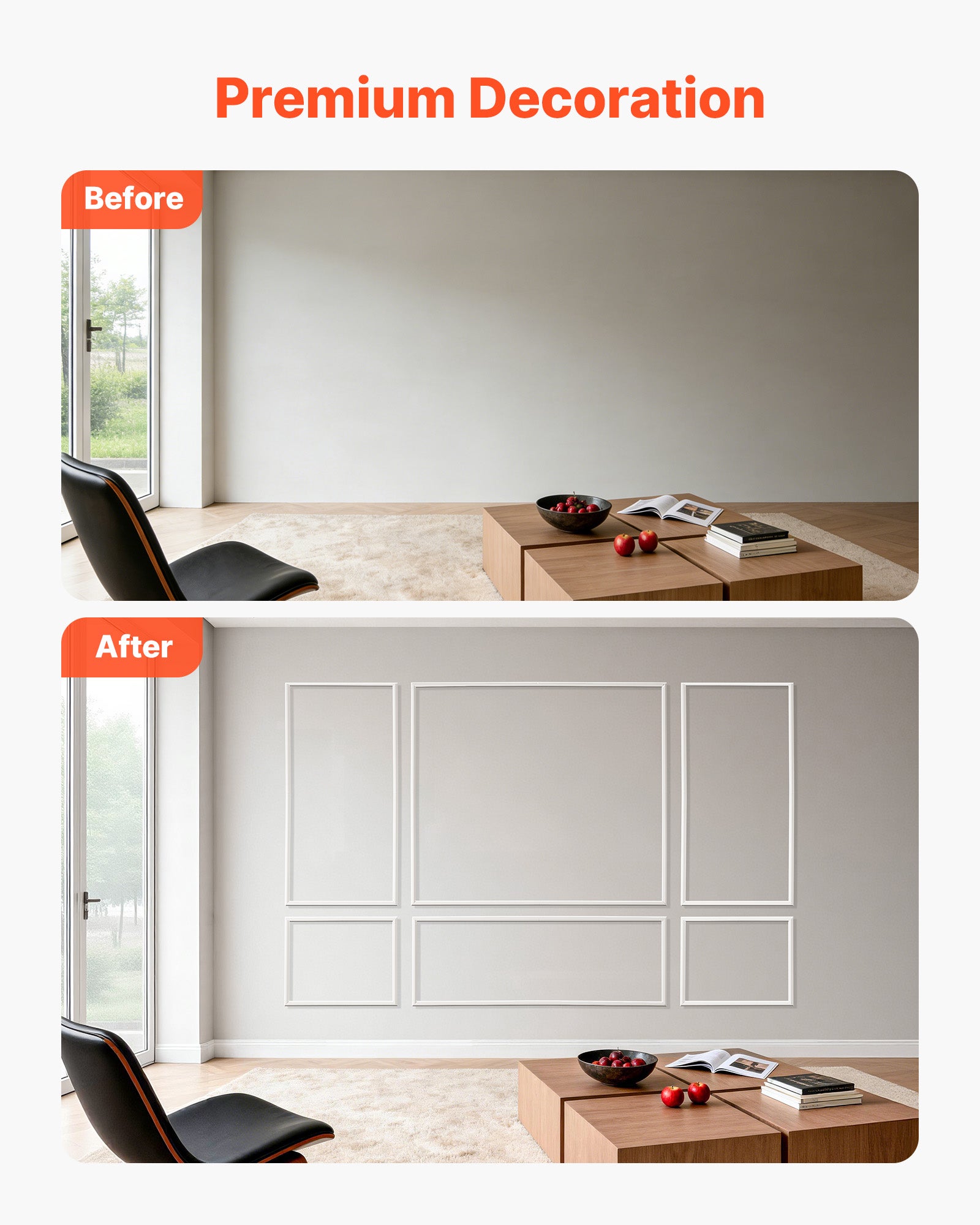 Kit de molduras de pared VEVOR precortadas, paquete de 3 marcos de molduras de pared, 79 cm, 80 cm, 61 cm, 91 cm, para decoración interior de sala - 3