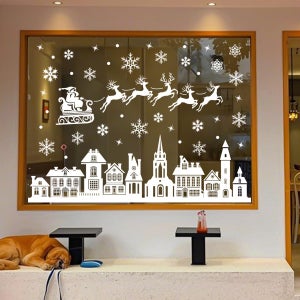 Autocollants Fenêtre Noël – 9 Feuilles PVC Double Face – Flocons, Rennes, Père Noël – 20 X 30 Cm – Déco Facile