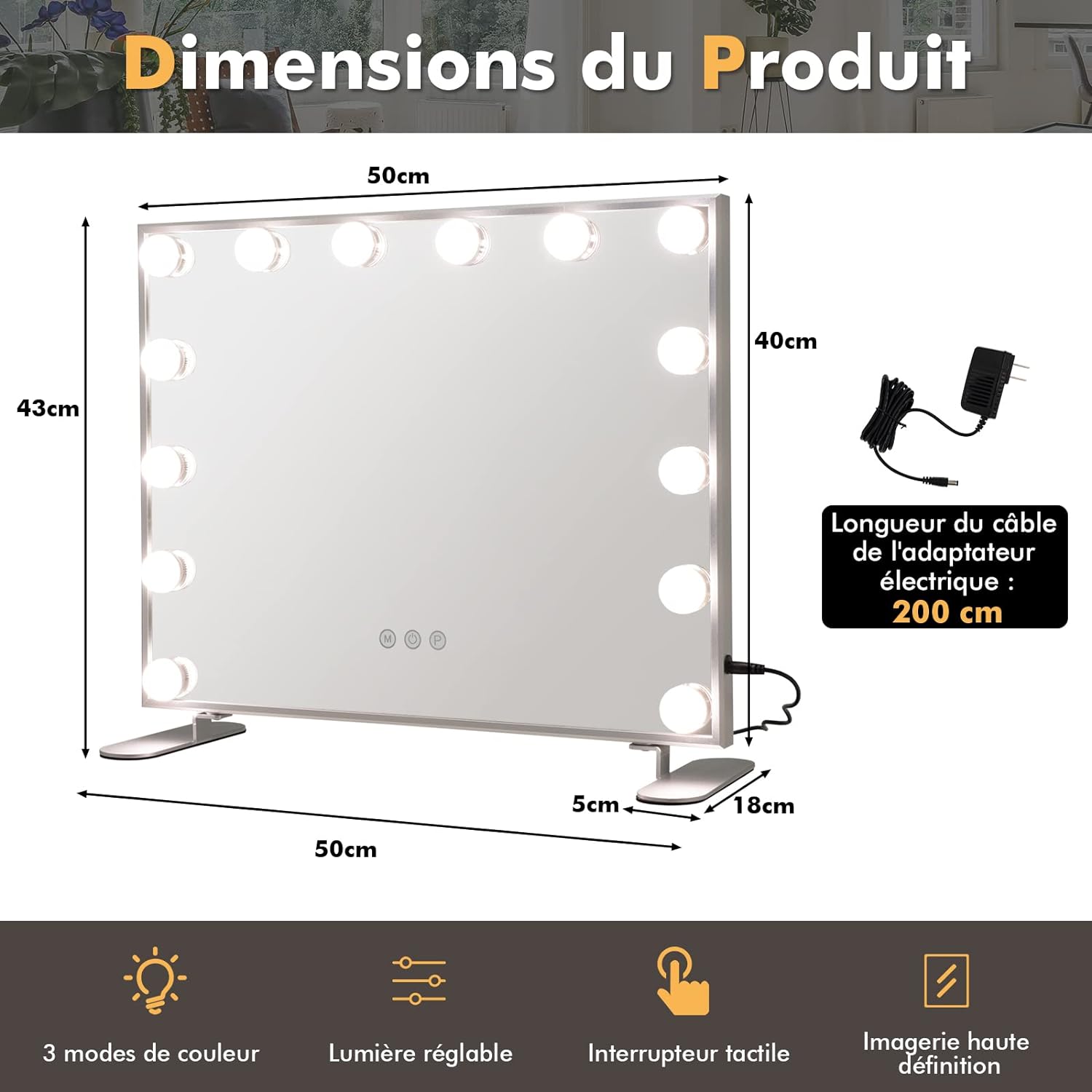 Miroir de Maquillage Hollywood 14 Ampoules LED,50x18x43 cm - 3