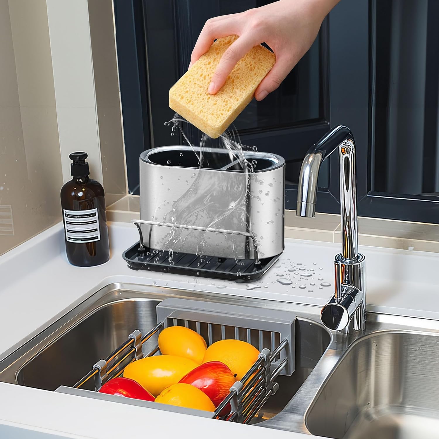 Uchwyt na gąbkę do zlewu kuchennego ze stali nierdzewnej - Uchwyt na gąbkę z tacką ociekową - 5