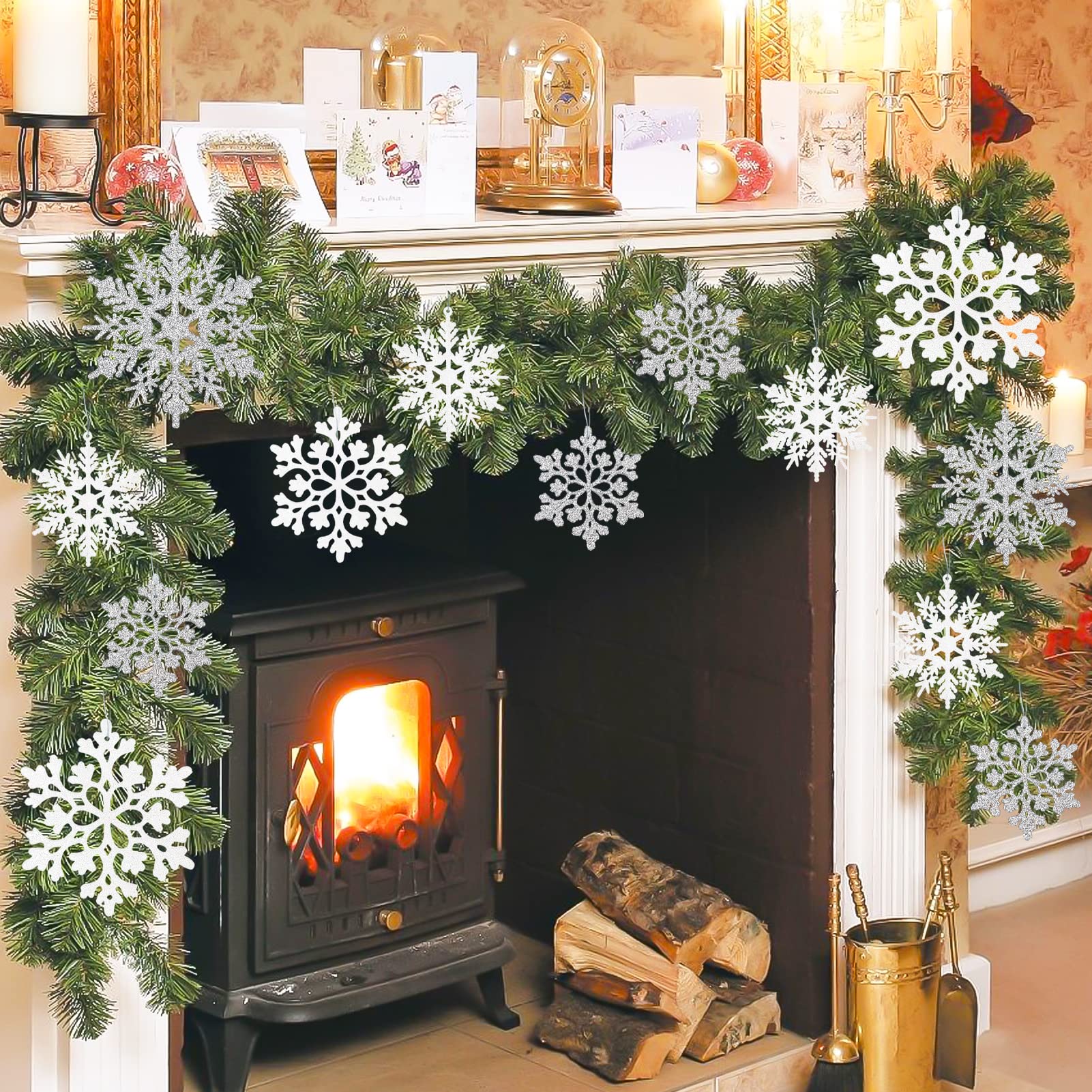 Ornements de flocon de neige de noël en argent, 36 pièces, ornements de flocons de neige à paillettes pour décorations d'arbre de noël - 5