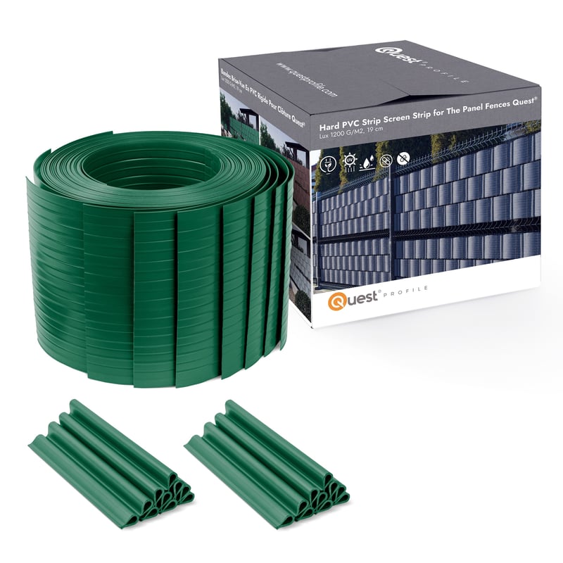 QUEST Taśma ogrodzeniowa PCV 19cm, listwa do ogrodzeń panelowych premium, 900 g/m2, RAL6005, zielony, 10 x 2,525 + 20 x klipsy