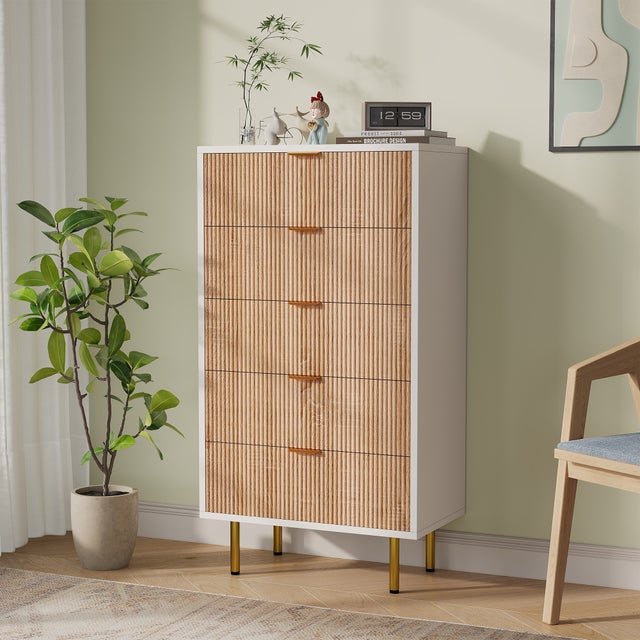 Commode à 5 Tiroirs - 60x35x109.8cm - avec Façades Ondulées, Pieds et Poignées Dorés - Meuble de Rangement Blanc et Bois Clair