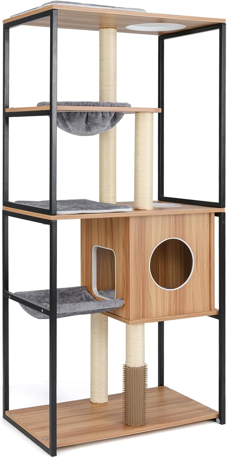 Árbol para Gatos con Estructura de Metal, Árbol Rascador para Gatos 160 cm 5 Niveles con Percha Acolchada, Amplias Plataformas, Hamaca, Rascador, - 5