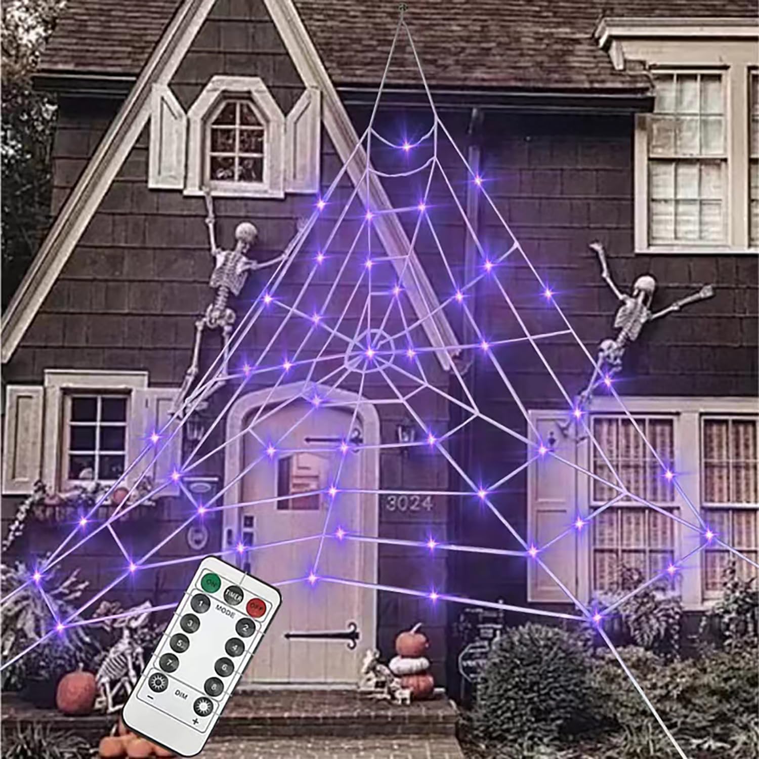 Pajęcza girlanda świetlna LED na Halloween, dekoracja, ze sztuczną pajęczyną 50 cali, 8 trybów (fioletowa)