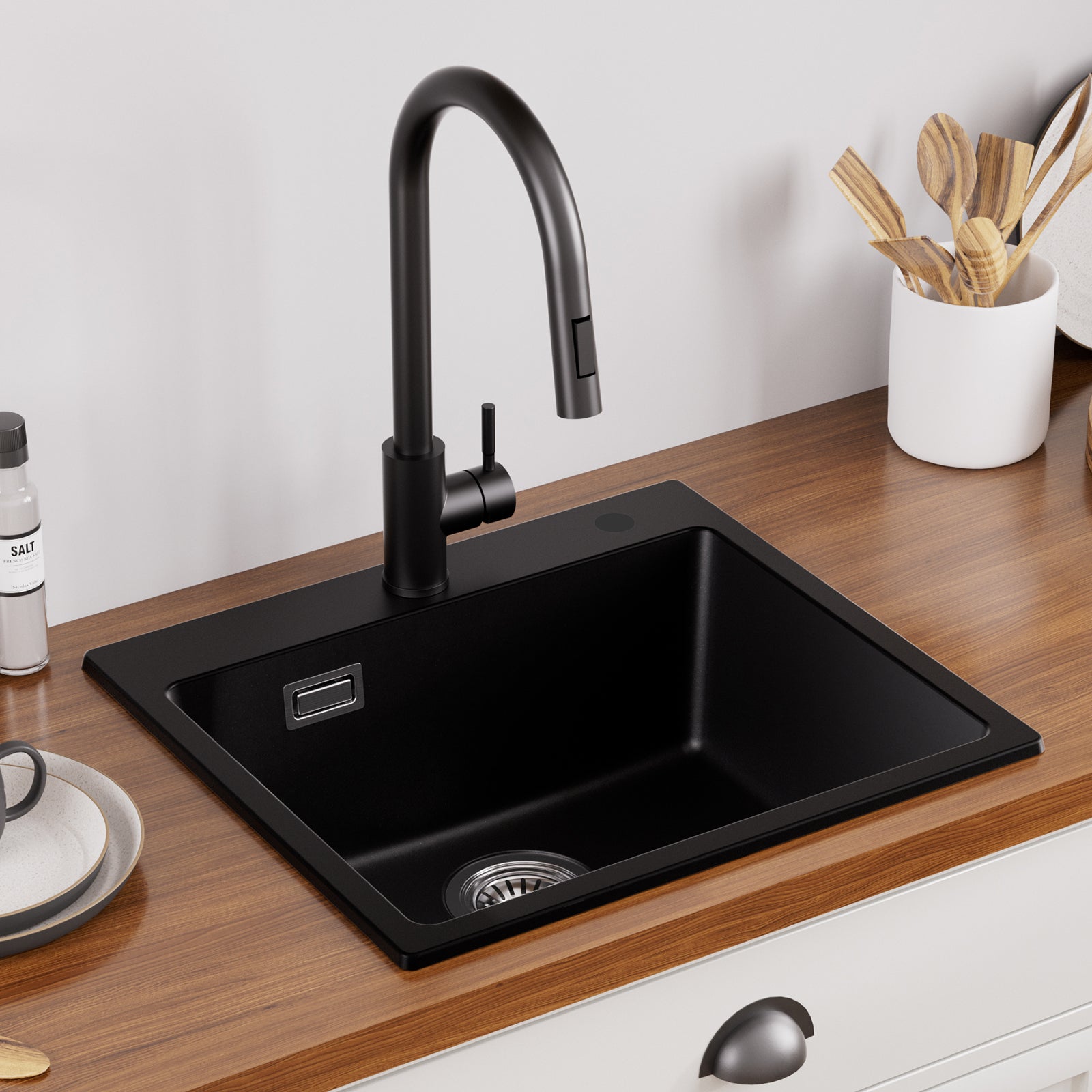 Fregadero de cocina Auralum max 50x45cm en granito Fregadero de 1 seno en fregadero sobre encimera negro - 2