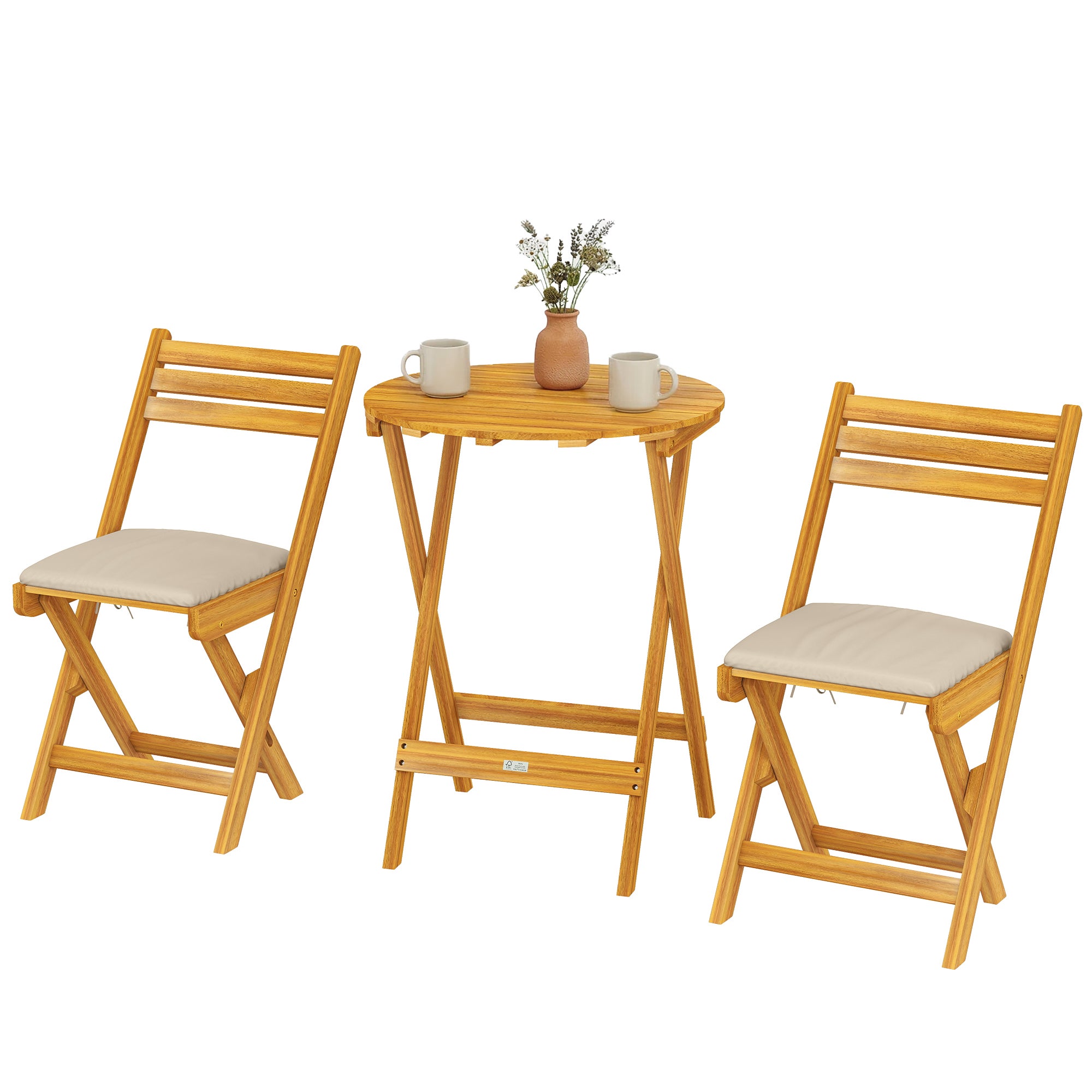 Ensemble mobilier balcon 3 pièces ensemble meubles jardin pliants bois FSC table ronde 2 chaises coussin assise assise lattes respirantes - 2