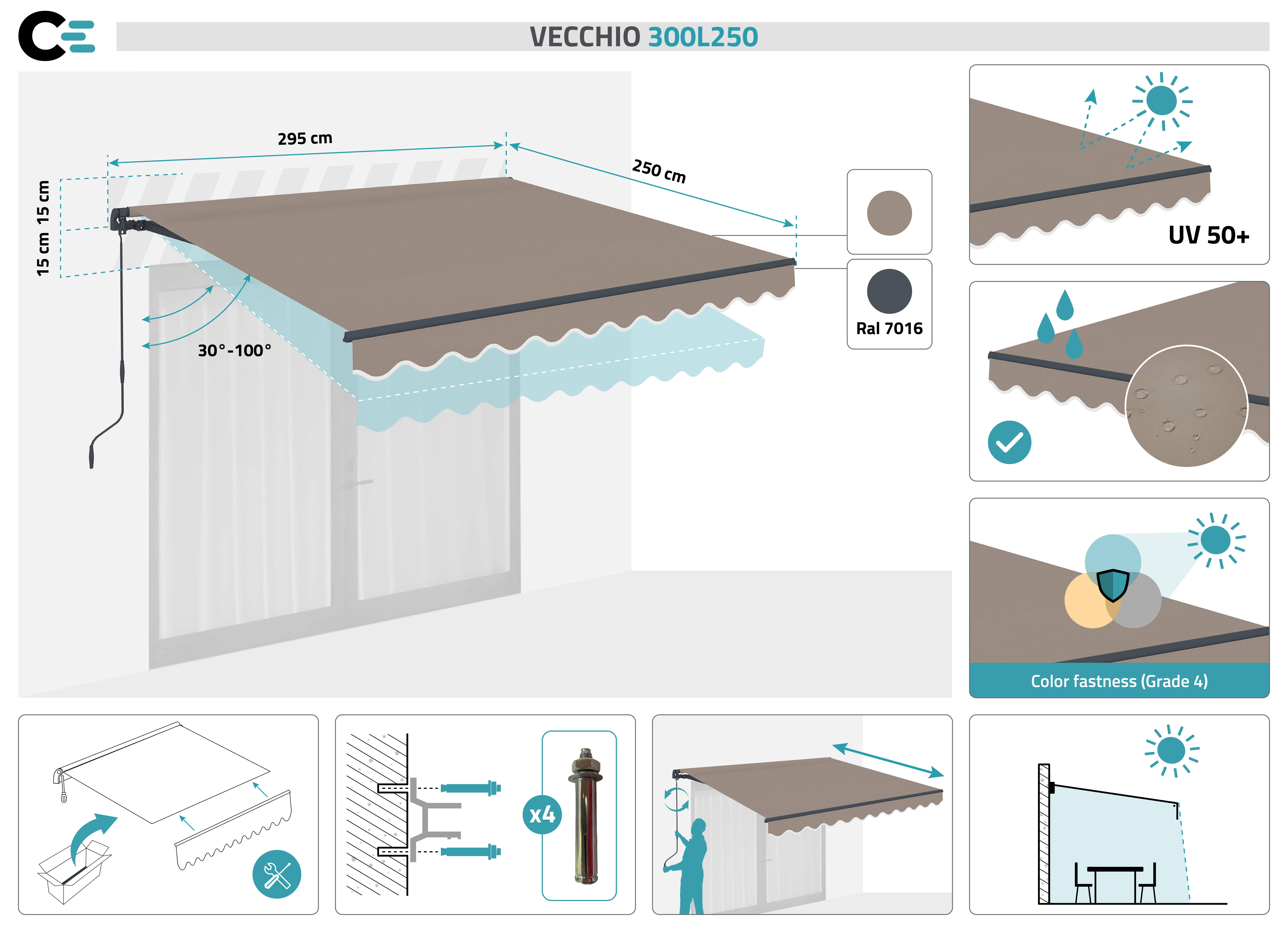 Store banne monobloc VECCHIO 3m x 2,5m - Toile premium 320g/m2 Taupe - 2