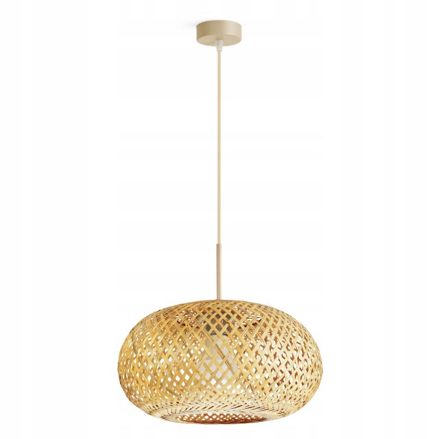 Lampa Wisząca Bambusowa Beżowa Boho E27 Duży Klosz Regulowana Salon Sypialnia