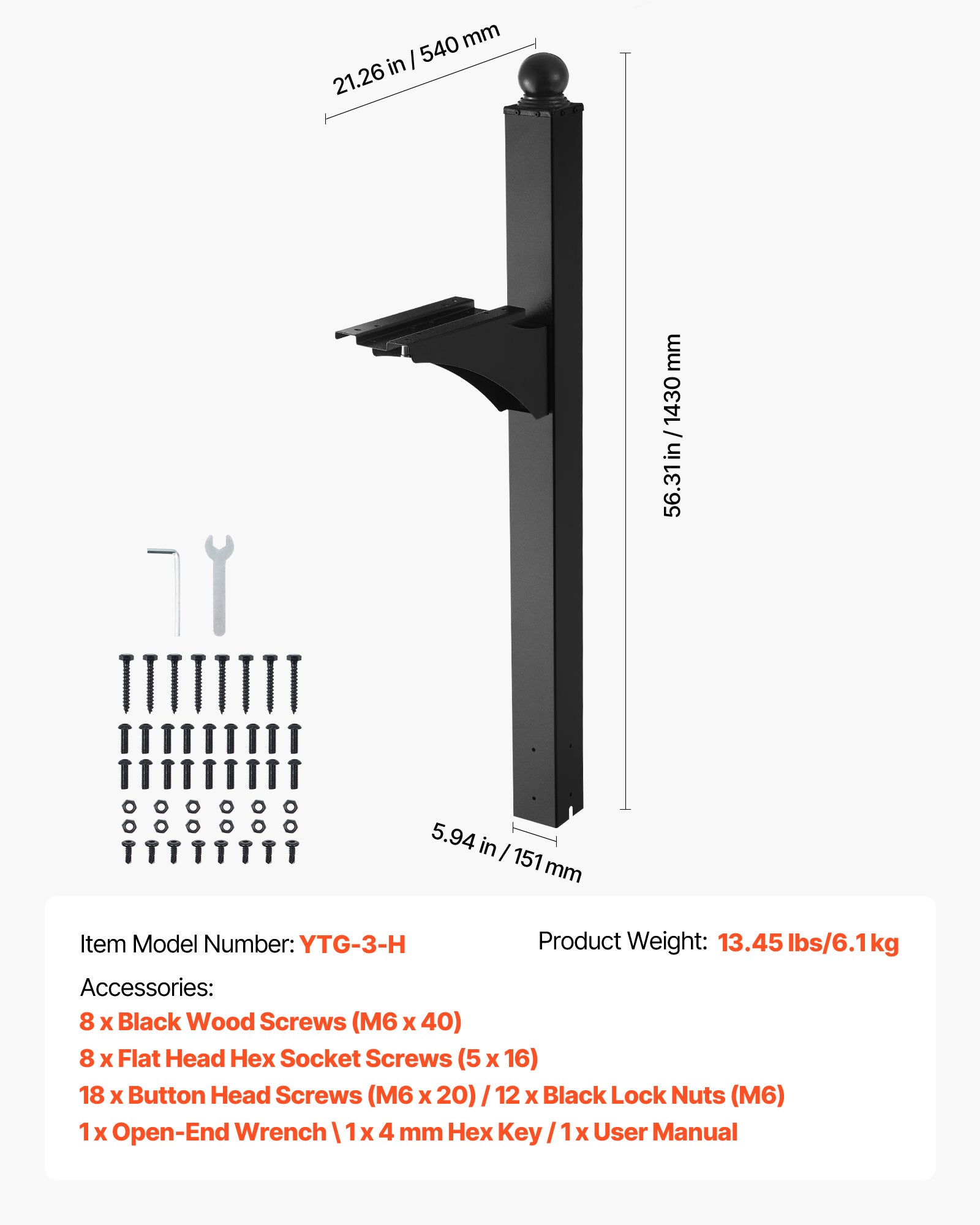 Poteau boîte aux lettres VEVOR 143x54x15 cm, aluminium revêtu poudre avec plaque universelle, support métal pour usage extérieur résidentiel, noir - 7