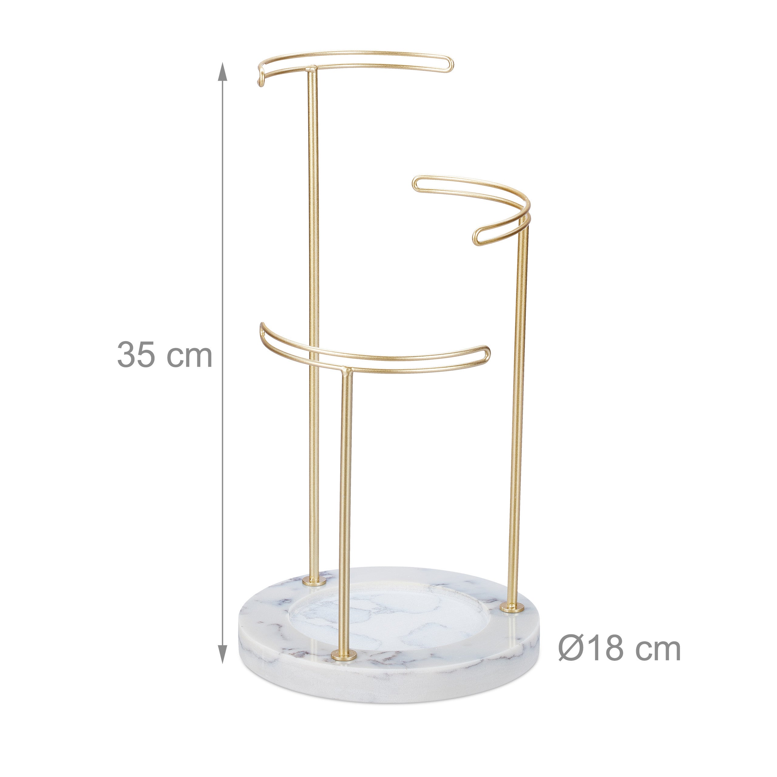 Présentoir à bijoux, rangement en marbre, colliers, boucles d’oreilles, 3 bras en métal, HxD 35x18 cm, doré, Relaxdays - 4