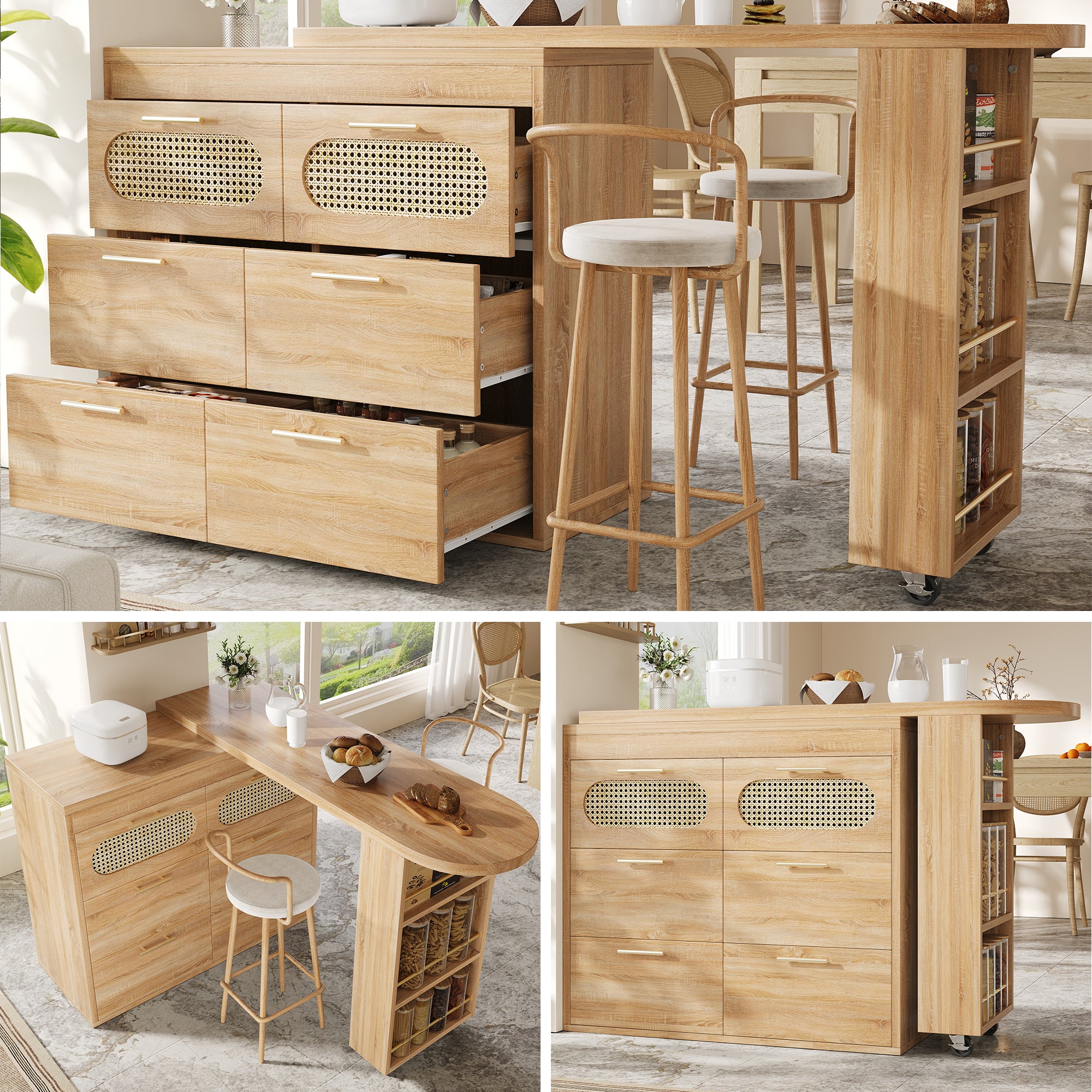 Stół barowy obrotowy z rozkładanym blatem i 6 szufladami - 128/203 x 39 x 90 cm - Płyta MDF i uchwyty metalowe - Naturalny