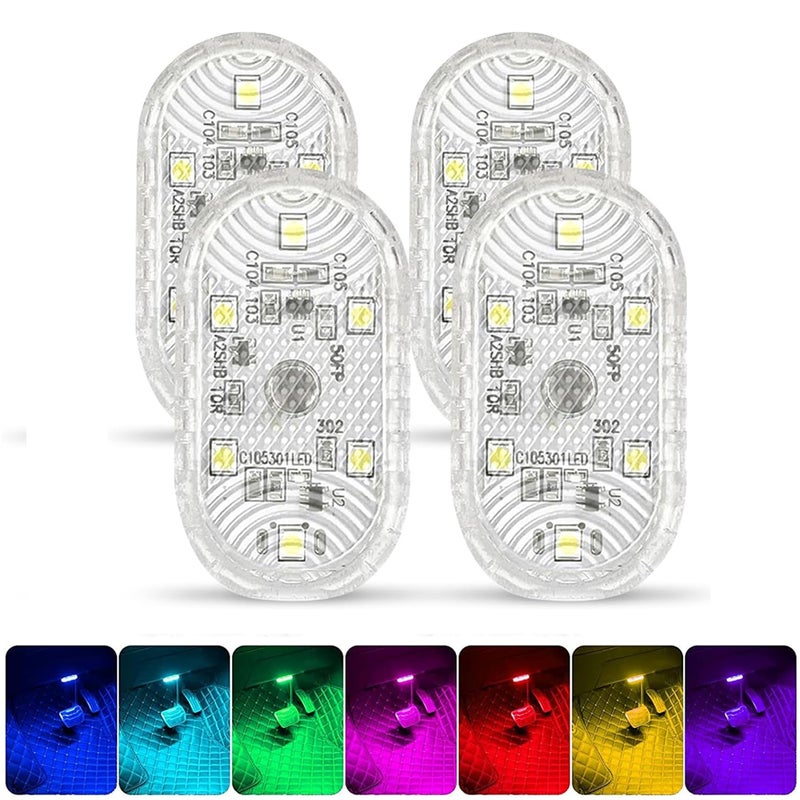 4 szt. Oświetlenie wewnętrzne RGB do samochodu, lampka dotykowa LED 7 kolorów, ładowana przez USB lampka sufitowa