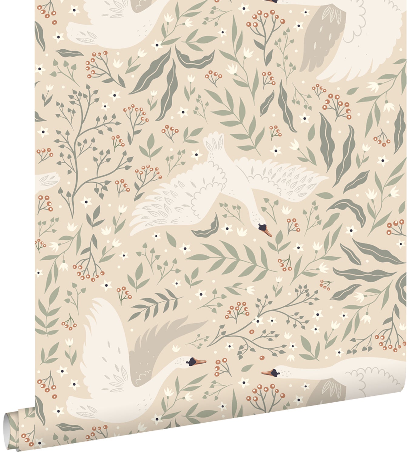 Papel pintado cisnes beige, blanco y verde grisáceo - 53 cm x 10.05 m - estahome