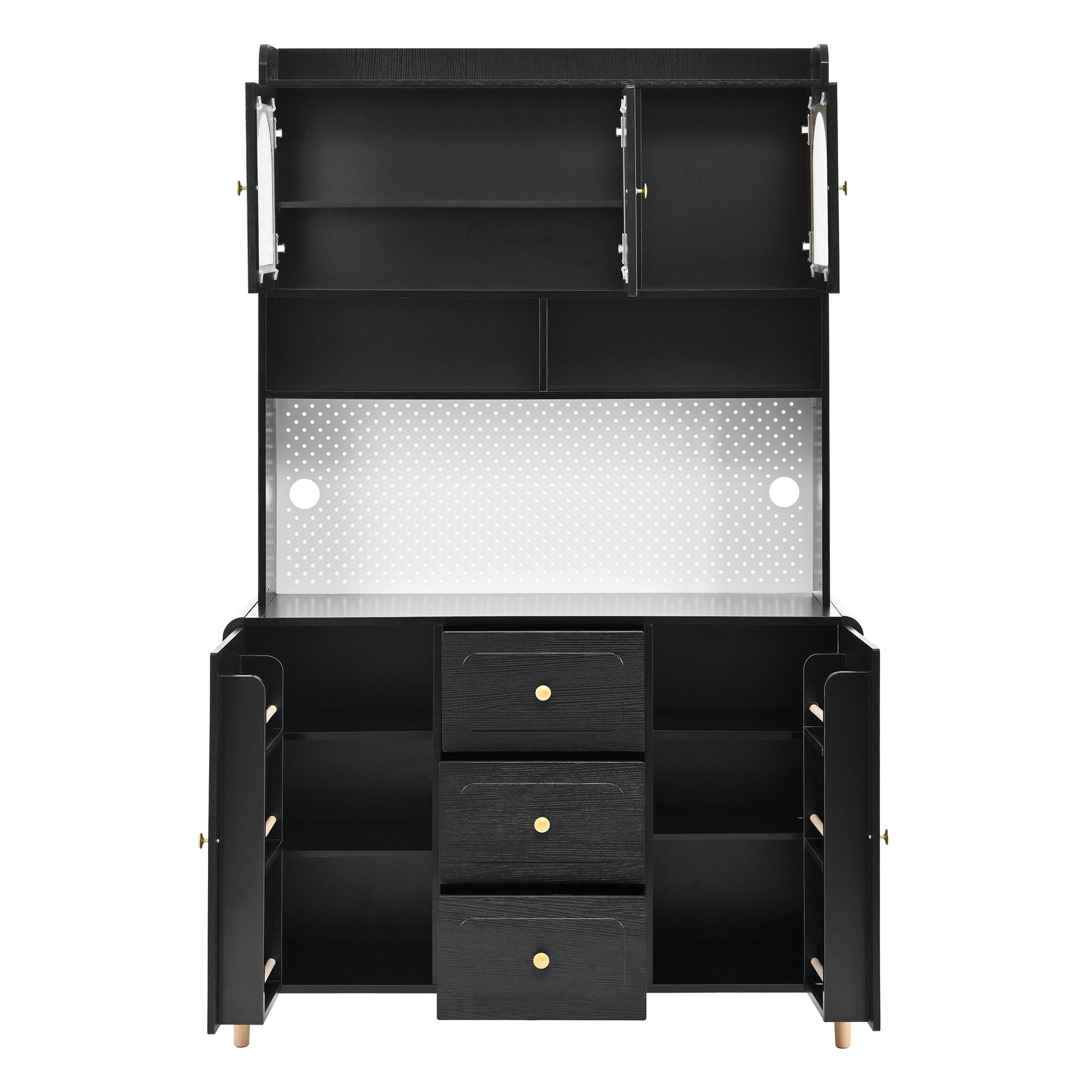 Armario alto con panel perforado y patas de madera maciza, con espacio de almacenamiento y cajones, para cocina y comedor (negro)