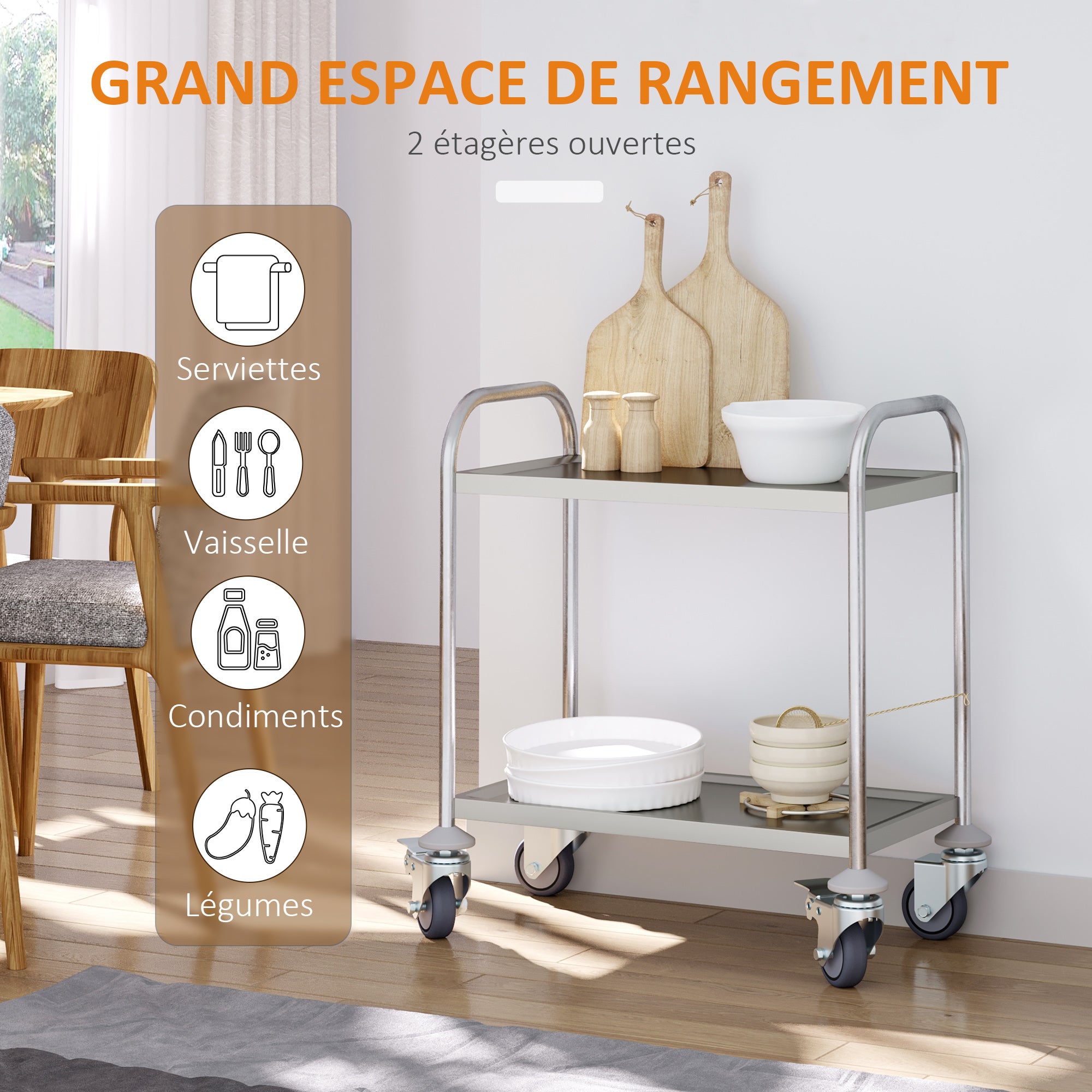 Desserte de cuisine en acier inoxydable à roulettes 2 étagères HOMCOM - 4