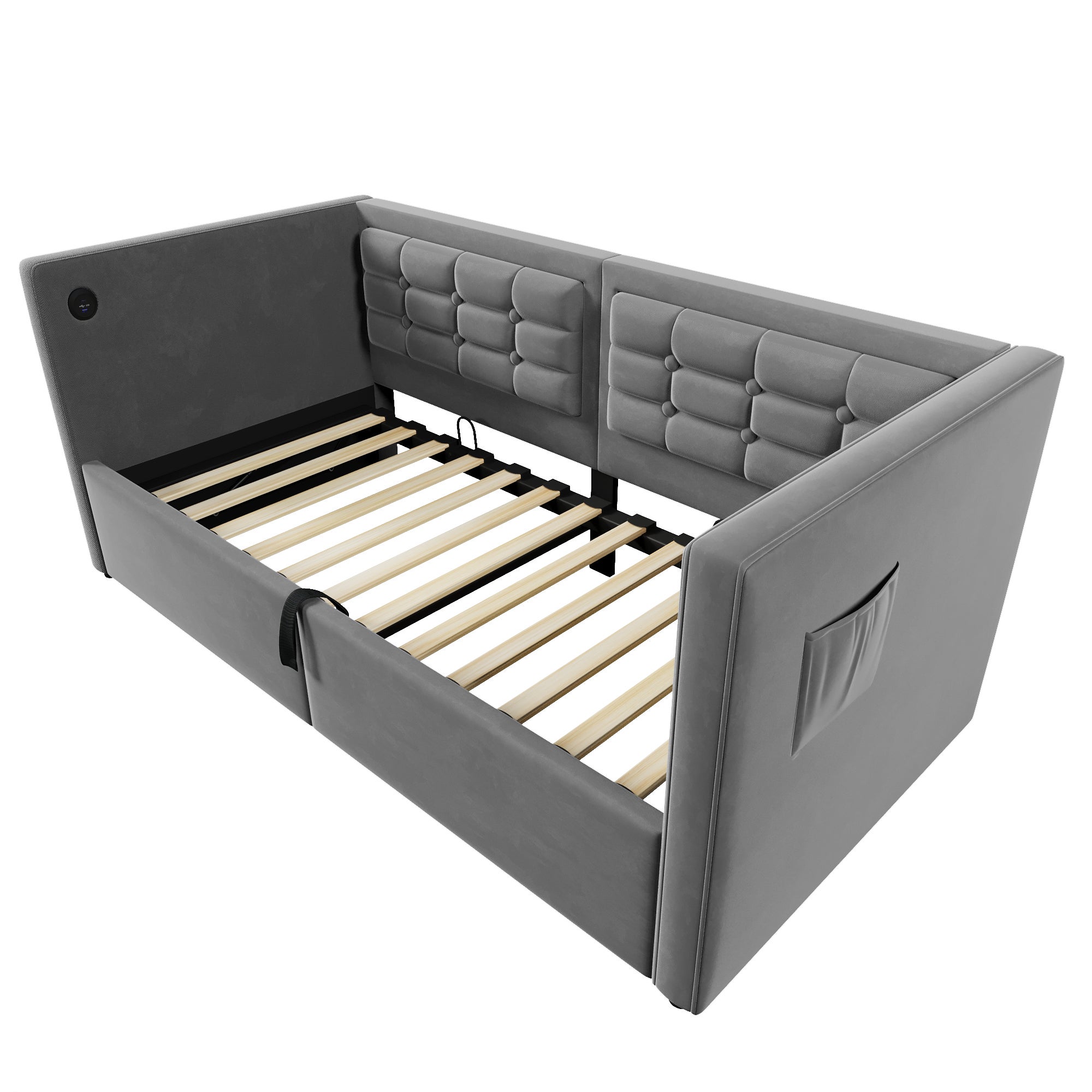 Rozkładana sofa 90 x 190 cm, wyposażona w hydrauliczny schowek oraz porty ładowania USB i Type-C, szara, aksamit. - 7