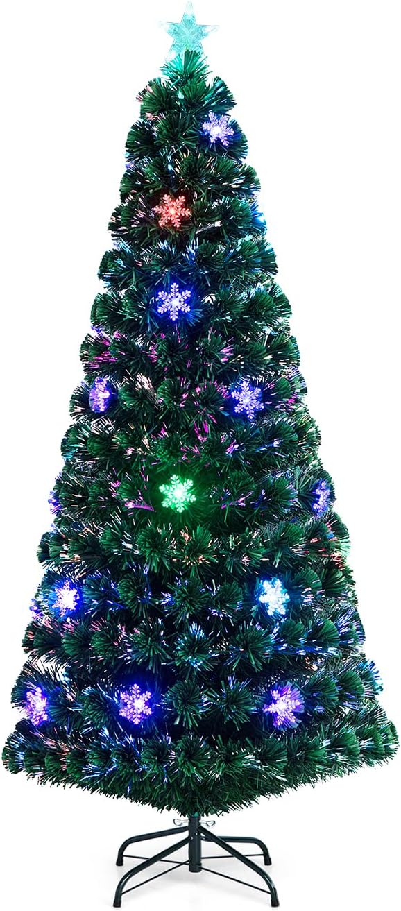 Sapin de Noël Artificiel 180 CM, Arbre de Noël Fibre Optique avec Socle, 220 Branches, 28 Flocons de Neige et 1 Étoile Sommet, Feuilles en PVC
