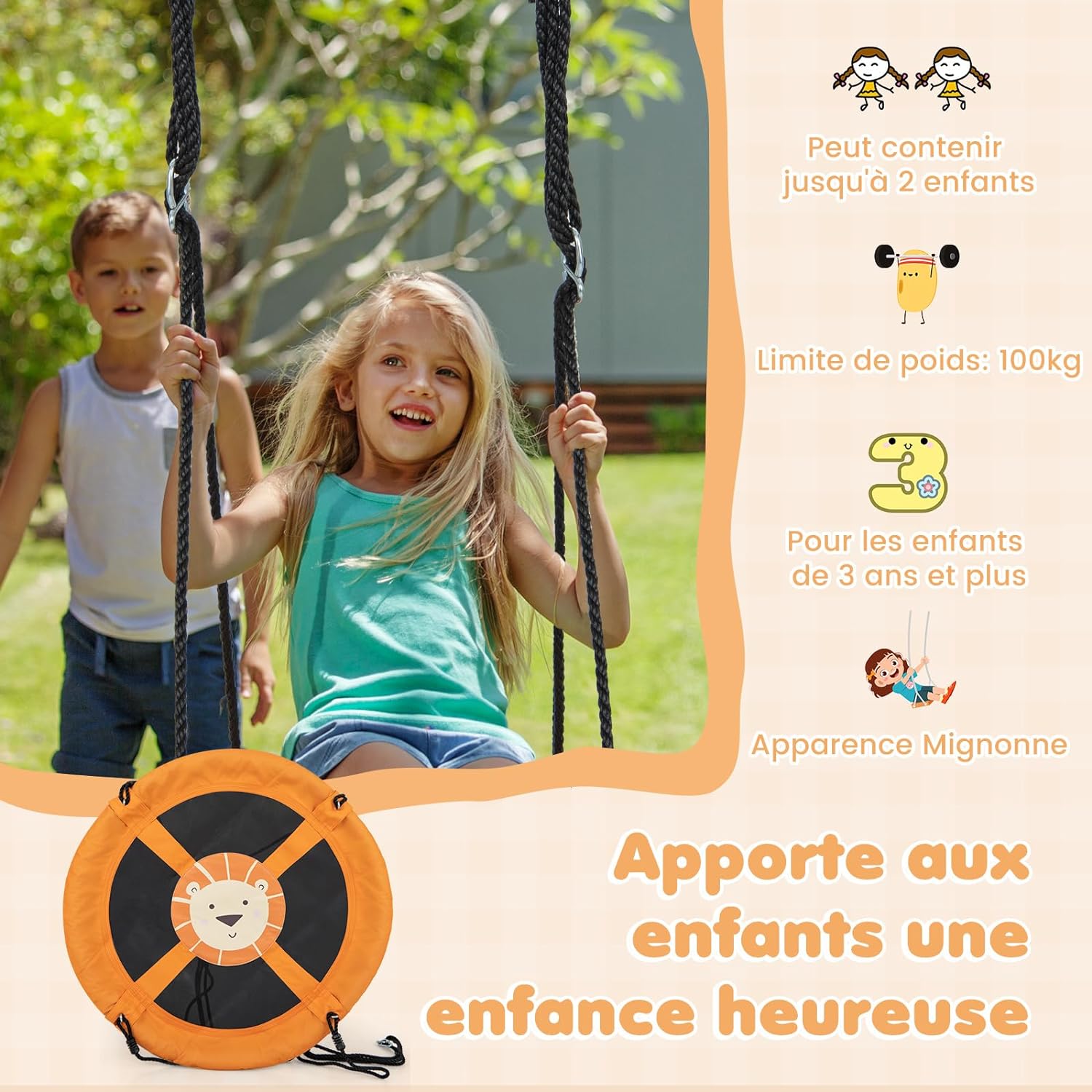 Altalena a Cerchio da 102 cm, Altalena a Nido con Corde Regolabili e Moschettoni, Tessuto Oxford Impermeabile, Altalena Rotonda da Esterno con - 2