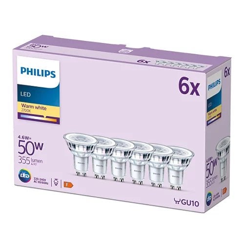 Philips pack de 6 ampoules LED GU10, 50W, blanc chaud